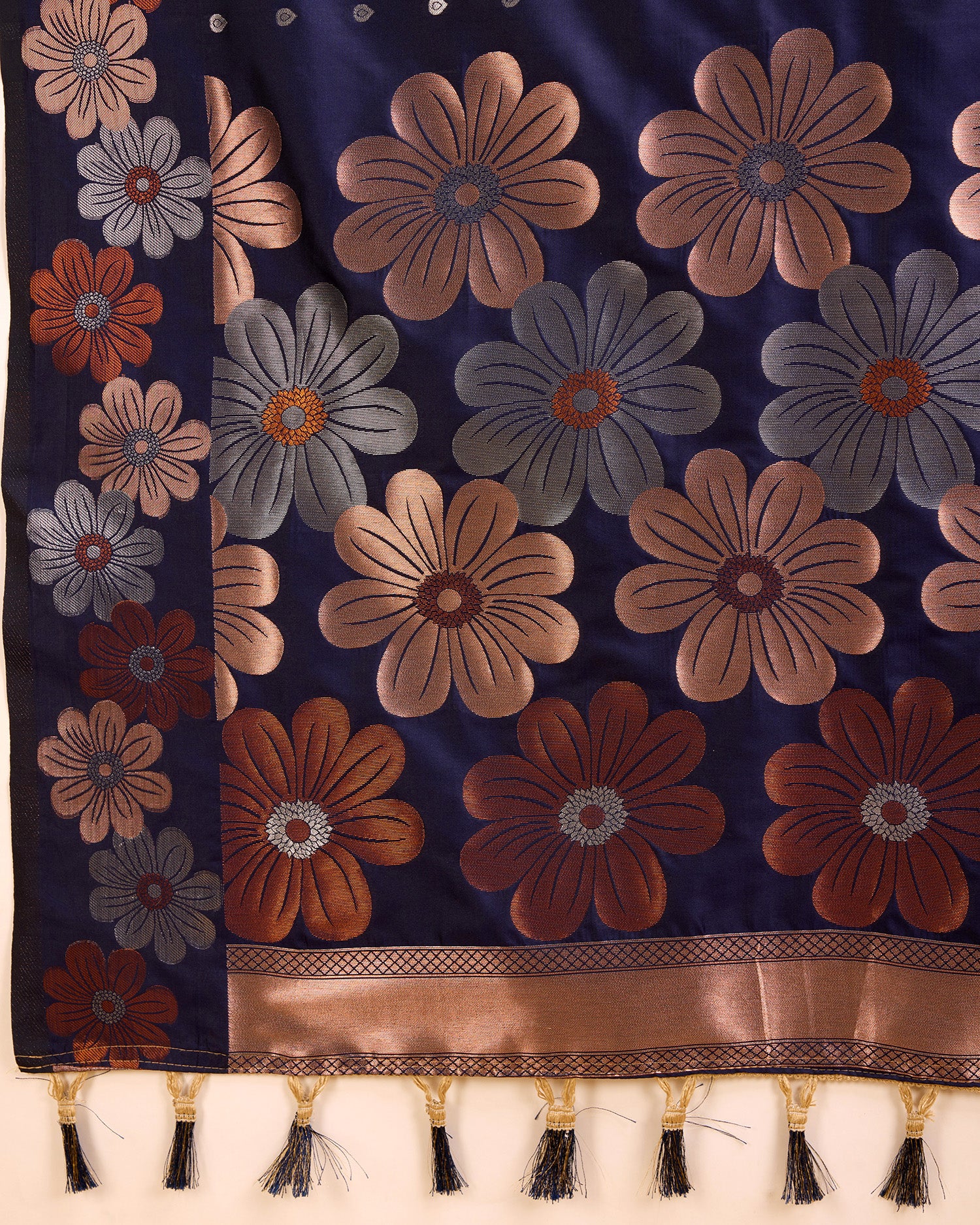 Navy Blue Pure Jacquard Fabric with Sona Chandi Zari – Perfect for Bridal & Festive Ensembles