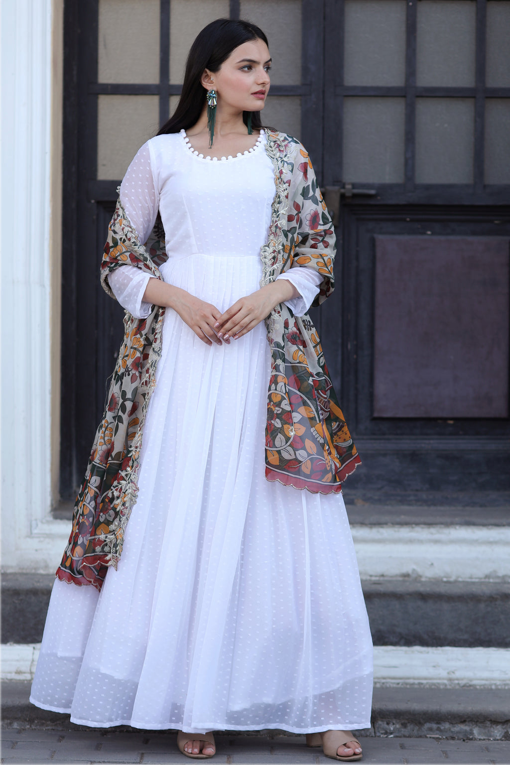 White Gown with Soft Organza Kalamkari & Leheriya Printed Dupatta – Elegant Traditional Party Wear