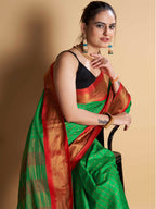 Designer-Inspired Soft Silk Green Saree with Striking Pallu & Blouse – Perfect for Weddings&Festive