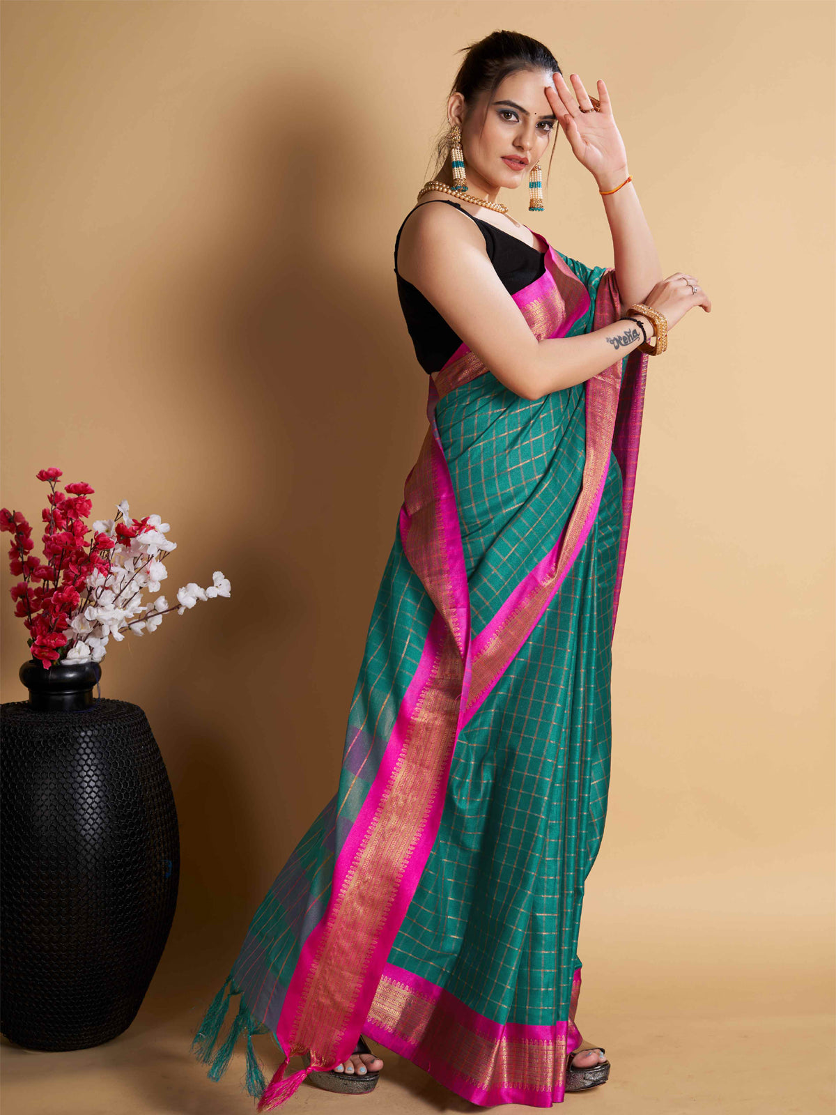 Designer-Inspired Soft Silk Rama Saree with Striking Pallu & Blouse – Perfect for Weddings&Festive