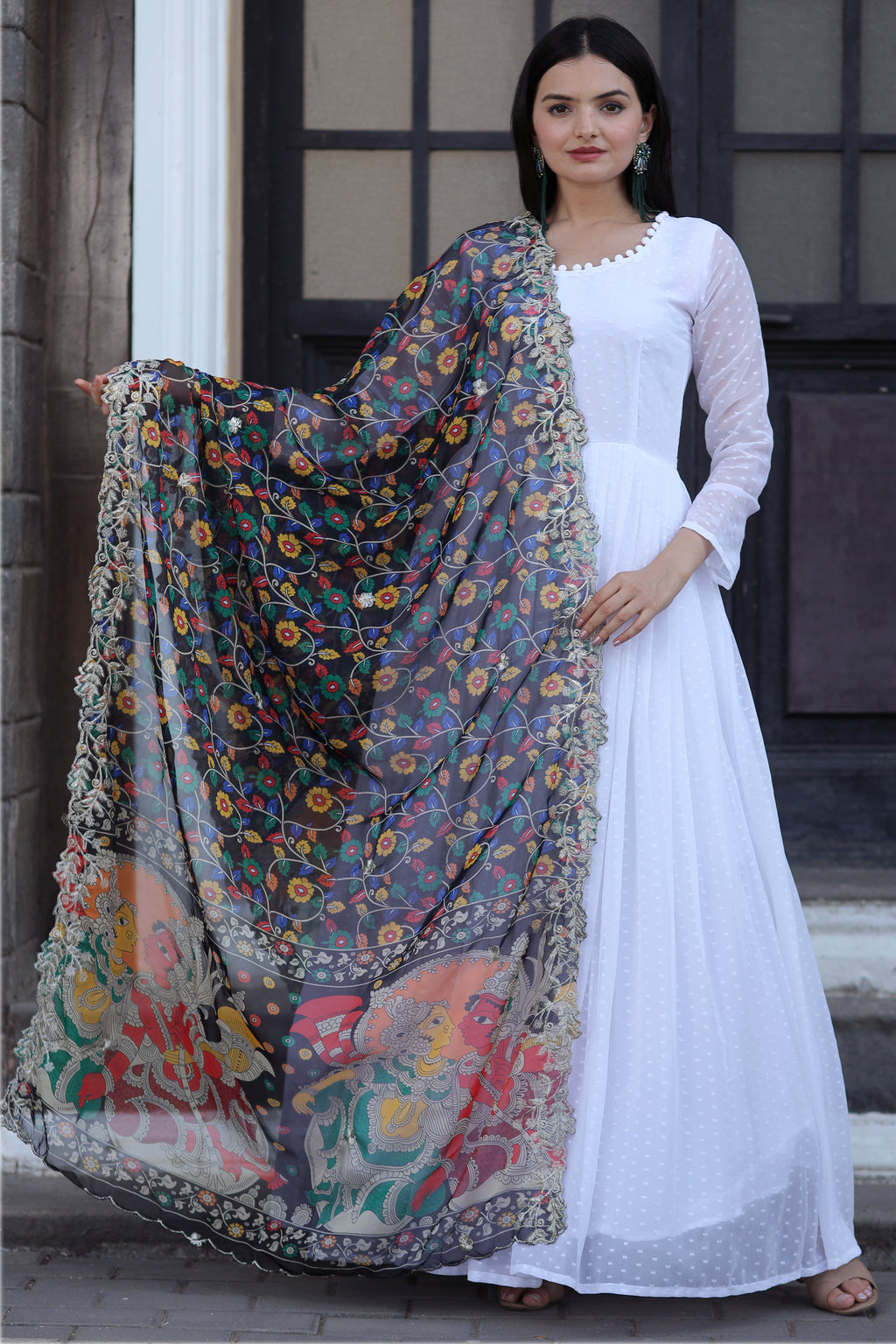 Black Gown with Soft Organza Kalamkari & Leheriya Printed Dupatta – Elegant Traditional Party Wear