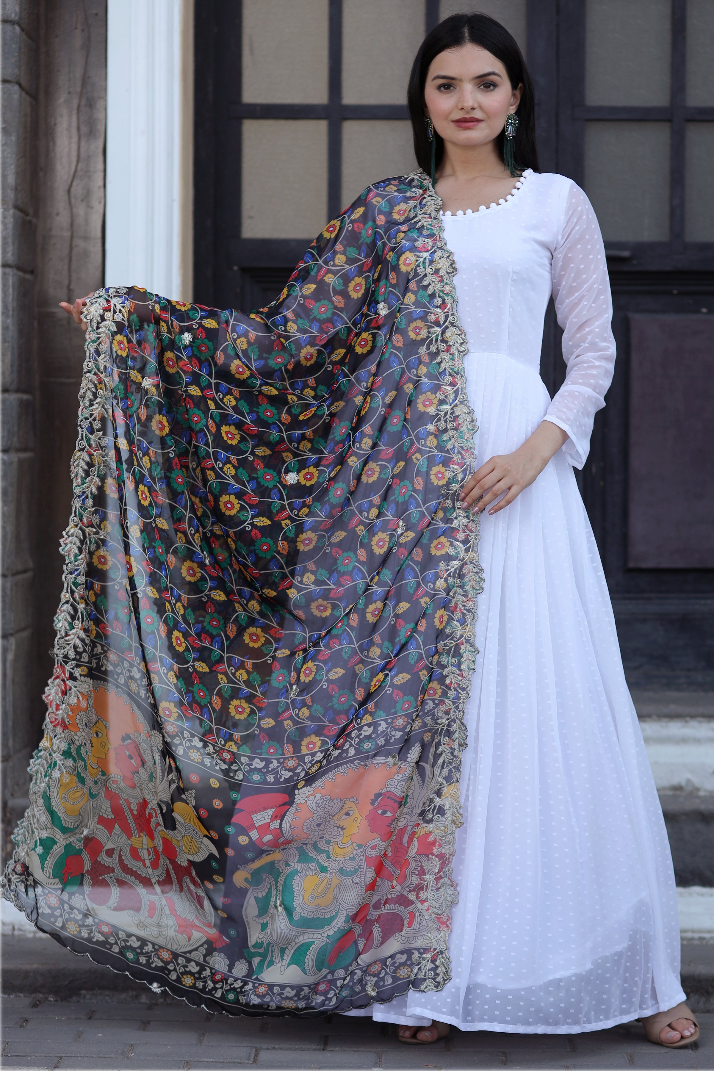Black Gown with Soft Organza Kalamkari & Leheriya Printed Dupatta – Elegant Traditional Party Wear