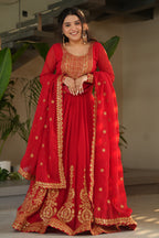 Designer Red Georgette Gown with Embroidery – Perfect for Weddings & Parties
