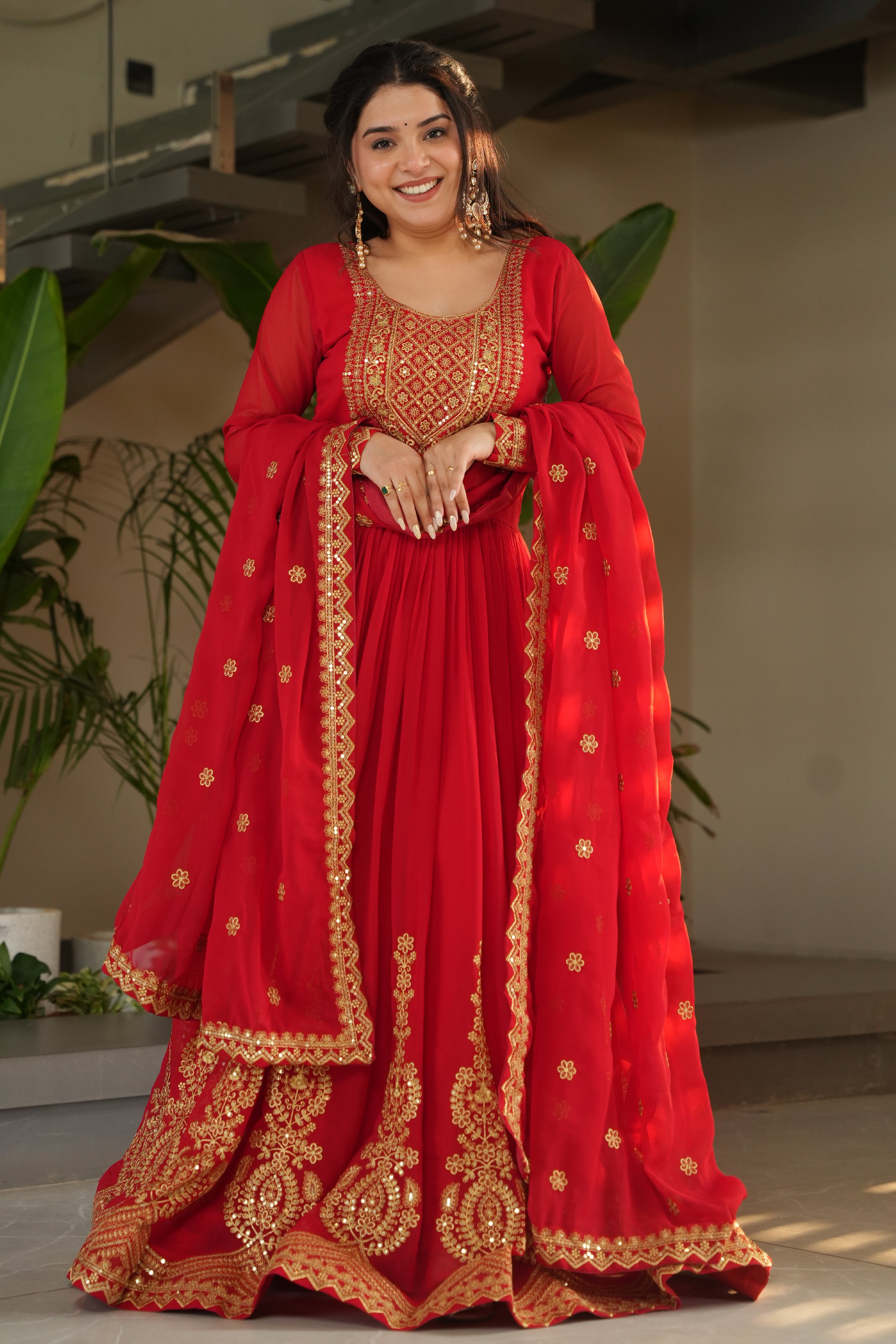 Designer Red Georgette Gown with Embroidery – Perfect for Weddings & Parties