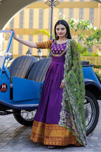 Women’s Purple Silk Gown with Jacquard Weaving & Embroidery – Elegant Fusion Wear