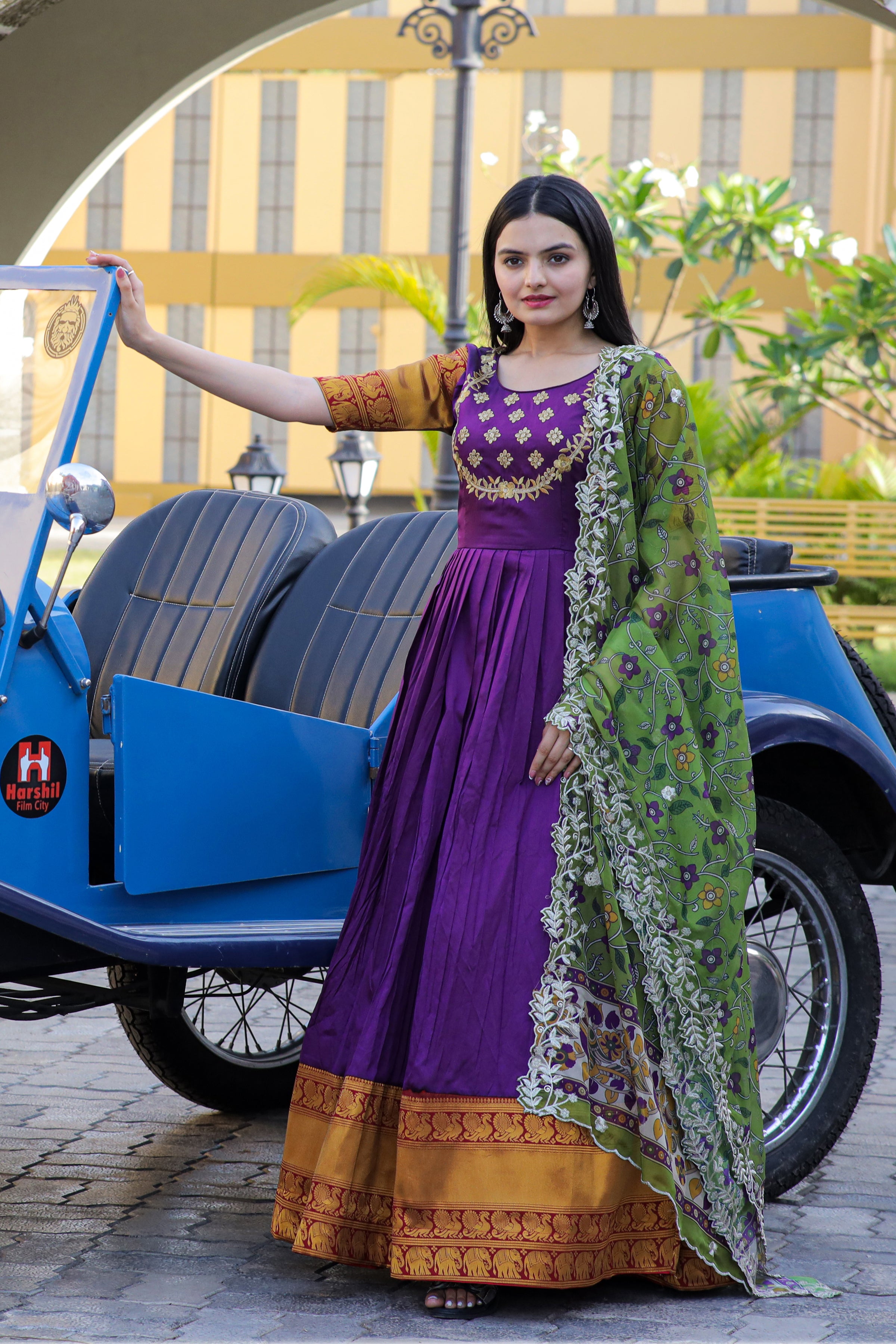 Women’s Purple Silk Gown with Jacquard Weaving & Embroidery – Elegant Fusion Wear