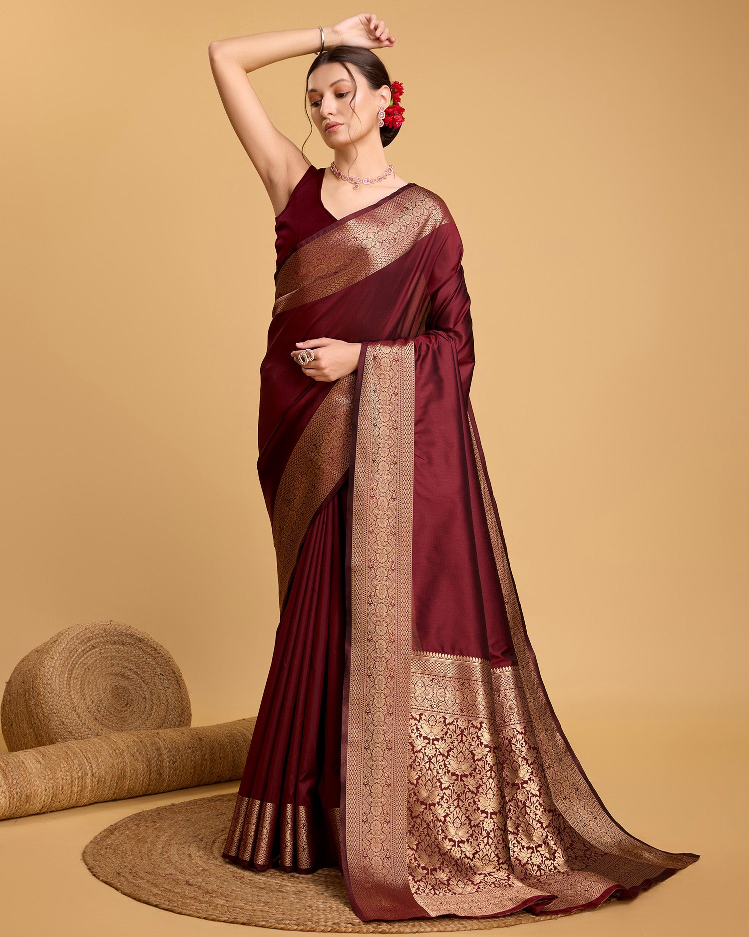 Maroon Banarasi Elegance Made Easy – Soft, Breathable Sarees for Wedding Glam