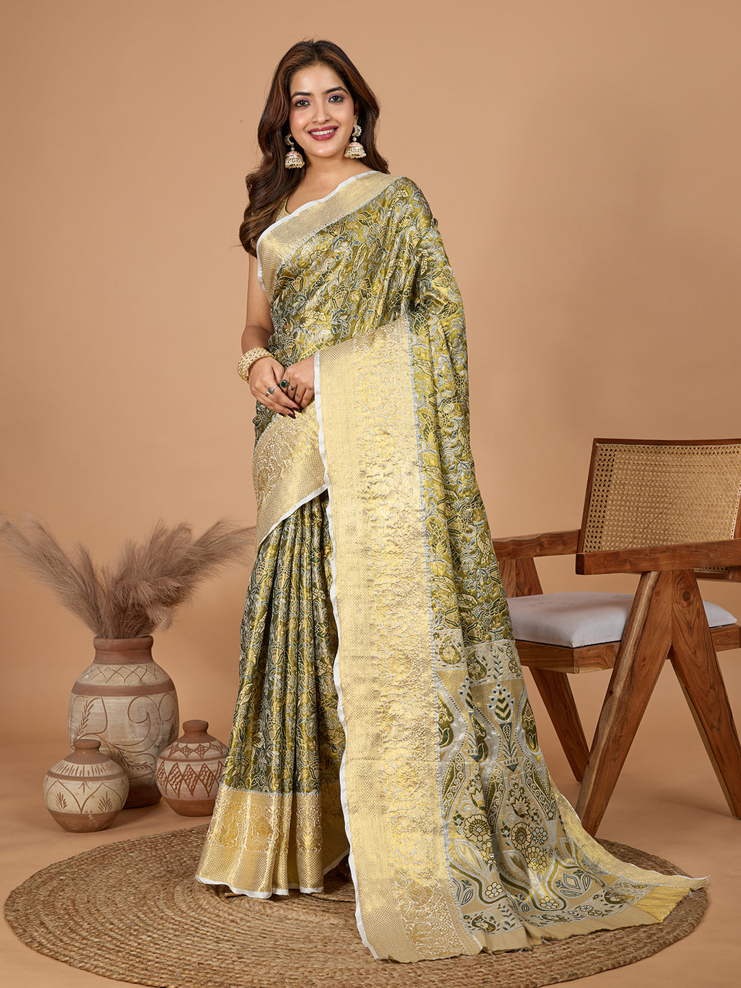Elegance Redefined: Semi Silk Gold Green  Sarees in Vibrant Shades with Rich Zari Weave