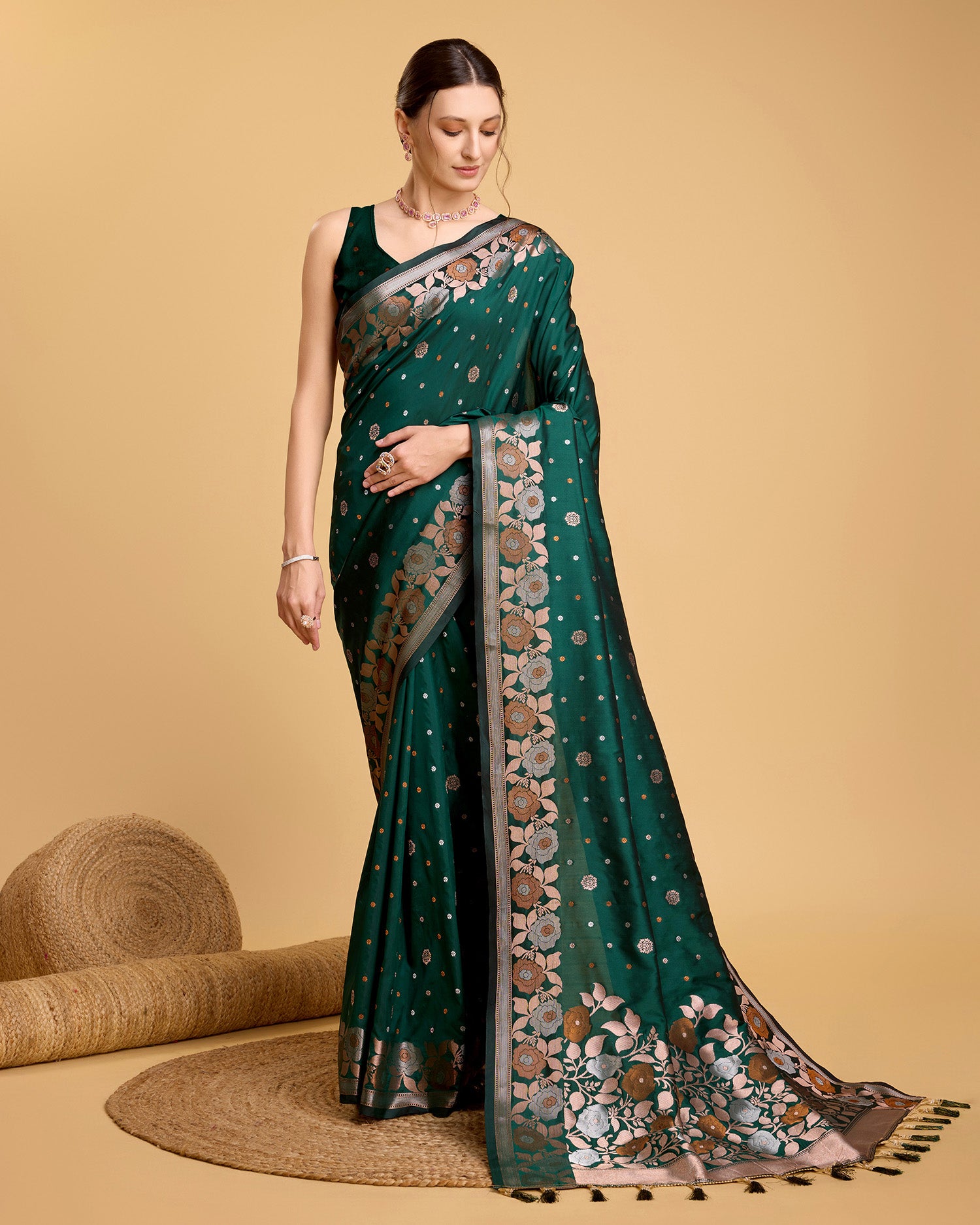 Green Pure Jacquard Fabric with Sona Chandi Zari – Perfect for Bridal & Festive Ensembles