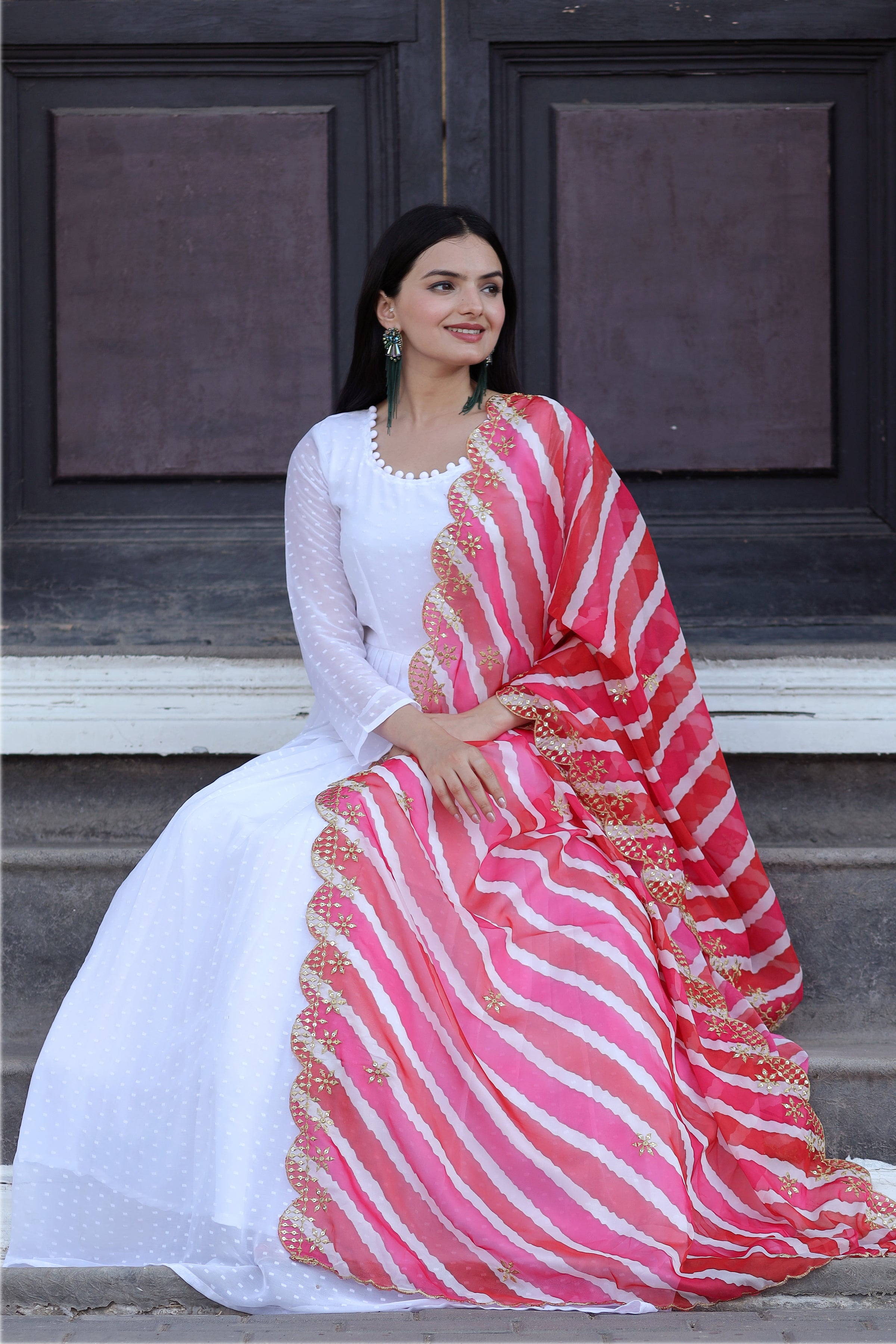 Pink Gown with Soft Organza Kalamkari & Leheriya Printed Dupatta – Elegant Traditional Party Wear