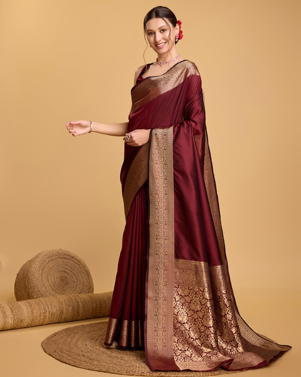 Maroon Banarasi Elegance Made Easy – Soft, Breathable Sarees for Wedding Glam