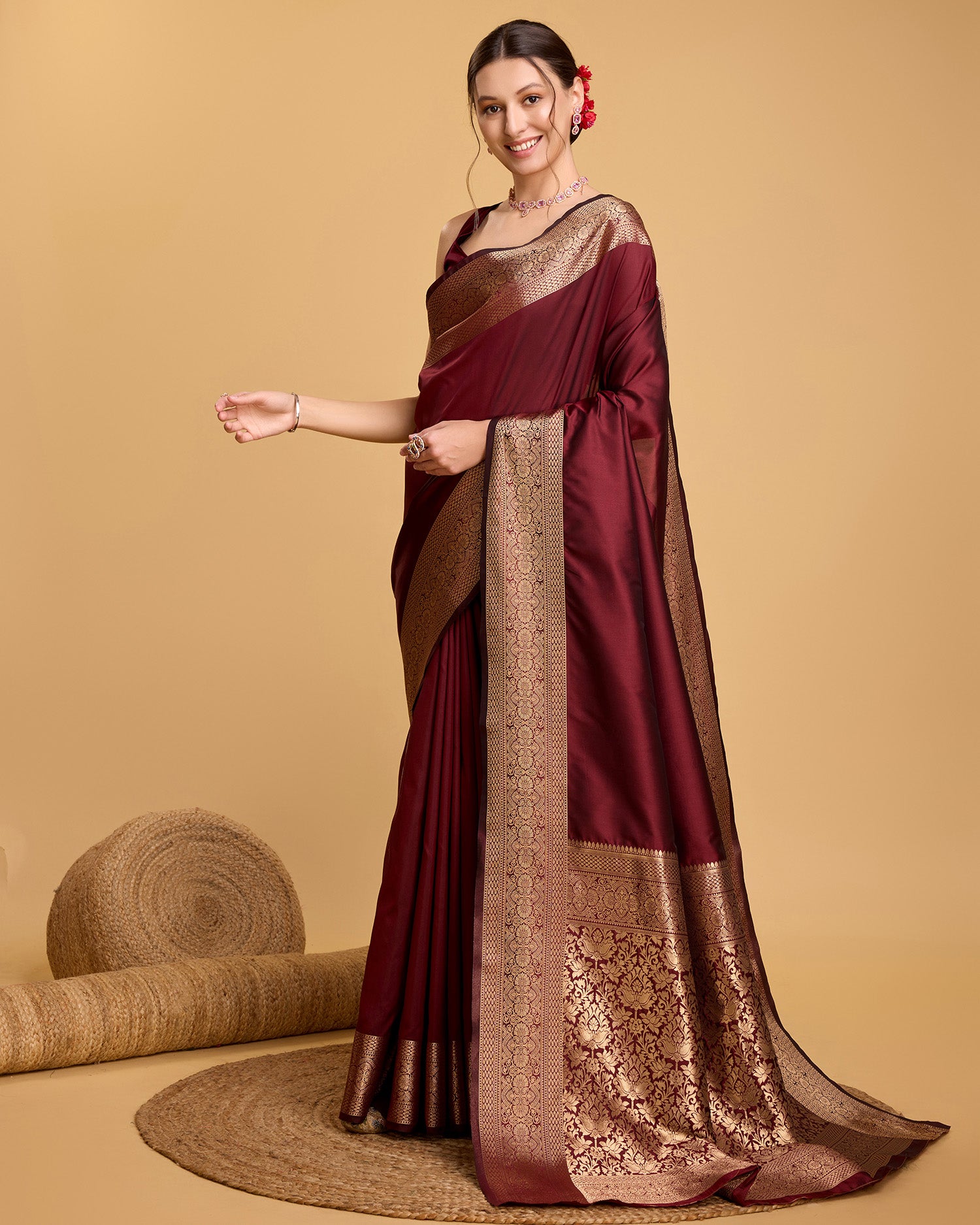 Maroon Banarasi Elegance Made Easy – Soft, Breathable Sarees for Wedding Glam