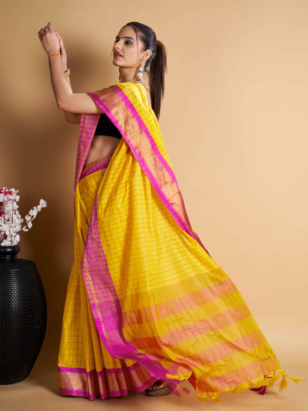 Designer-Inspired Soft Silk Yellow Saree with Striking Pallu & Blouse – Perfect for Weddings&Festive