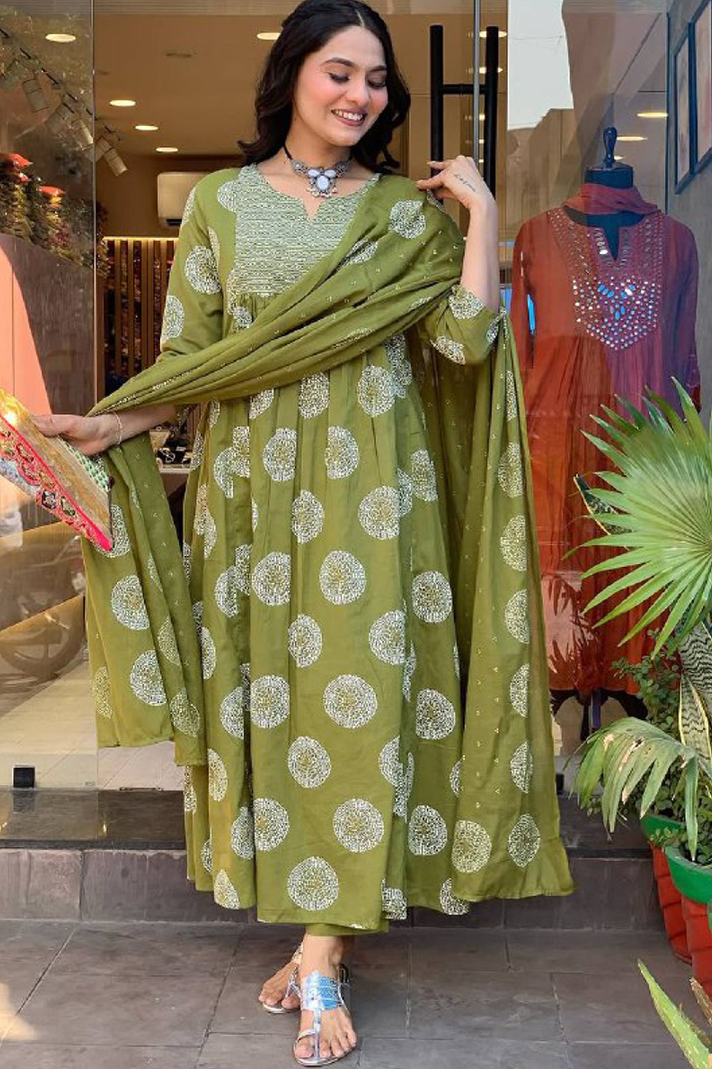 Women’s Green Ethnic Rayon Kurta Set with Embroidery & Printed Cotton Dupatta