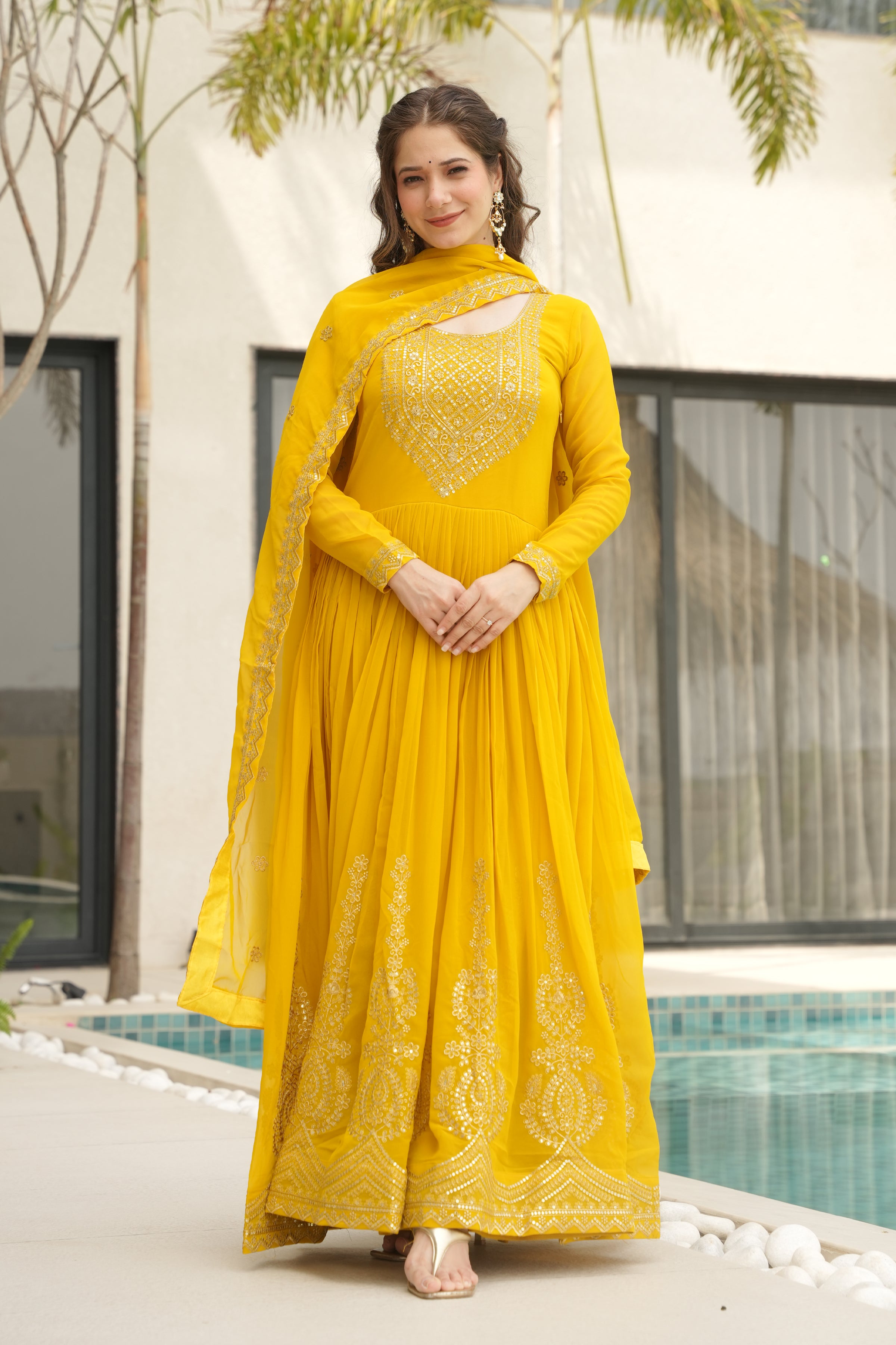 Designer Yellow Georgette Gown with Embroidery – Perfect for Weddings & Parties
