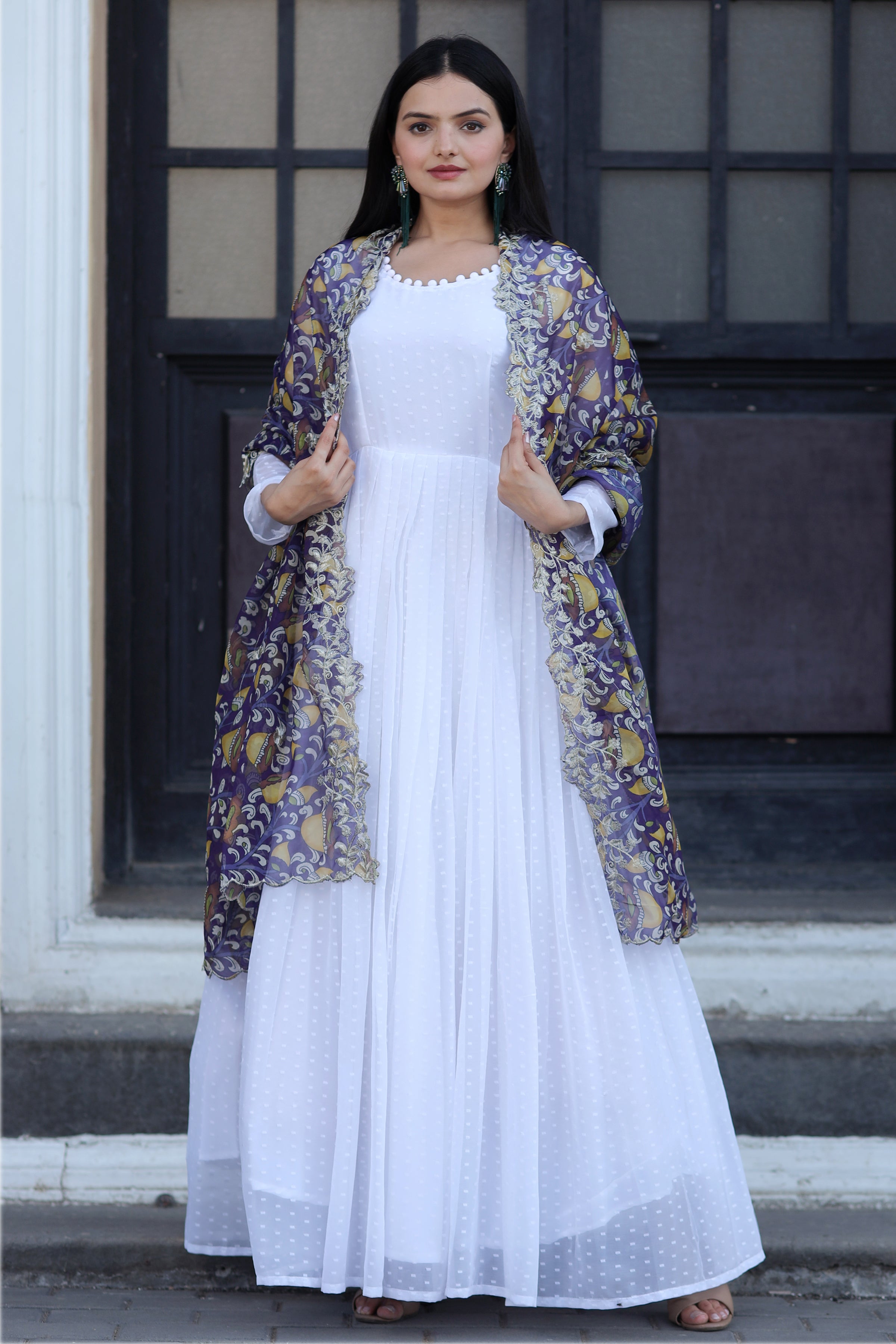 Purple Gown with Soft Organza Kalamkari & Leheriya Printed Dupatta – Elegant Traditional Party Wear