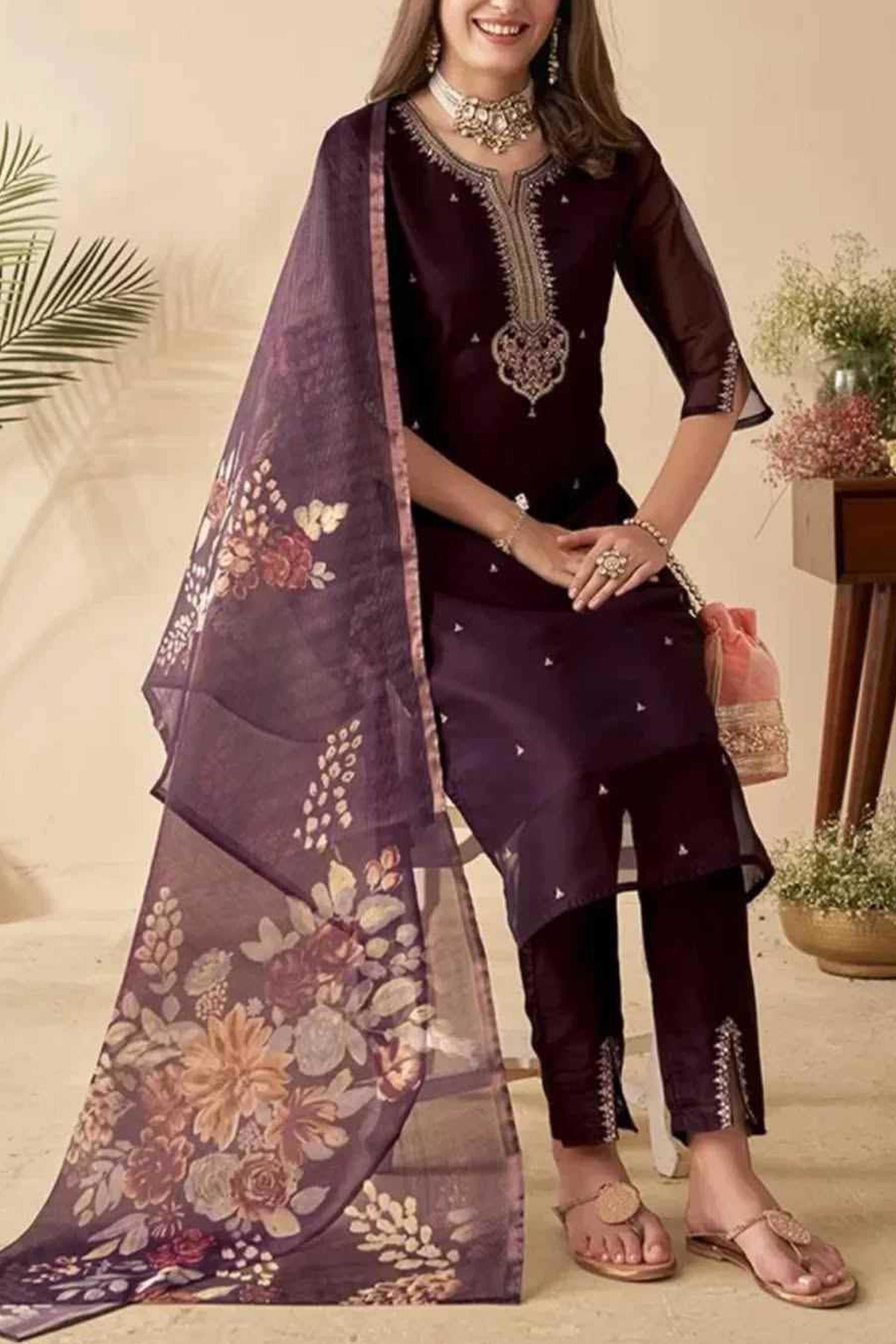 Women’s Purple Embroidered Chanderi Kurta Set with Bottom & Tissue Dupatta