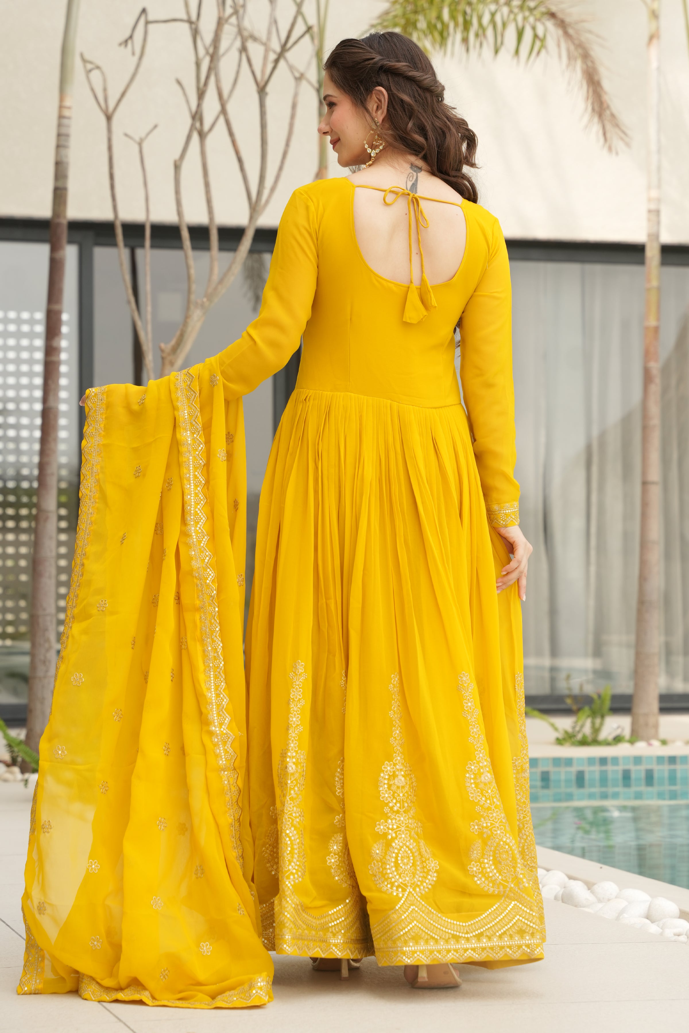 Designer Yellow Georgette Gown with Embroidery – Perfect for Weddings & Parties