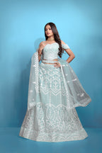 Sky Blue Women’s Net Embroidered Lehenga Choli Set – Elegant Ethnic Wear for Festive & Wedding Occasions