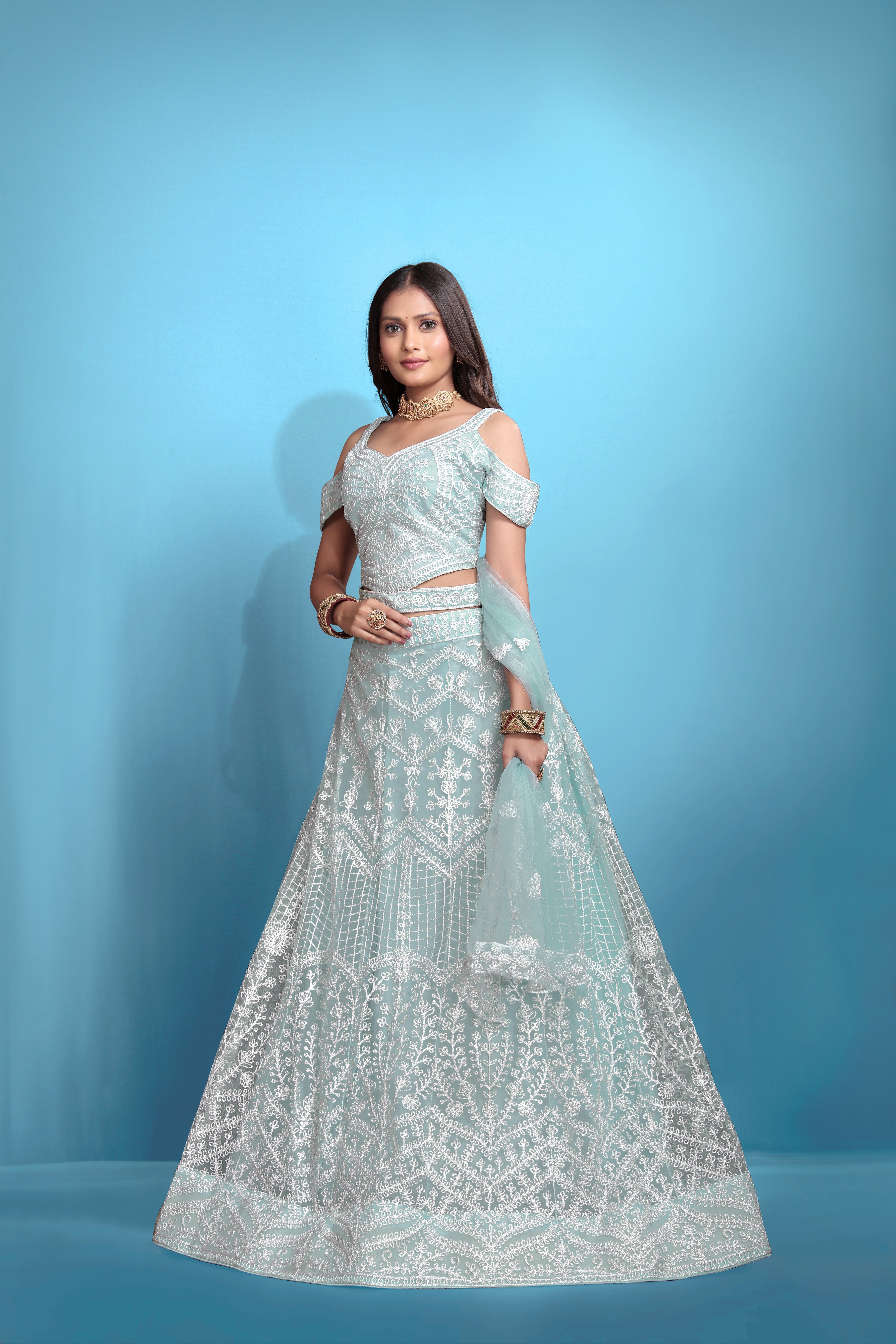 Sky Blue Women’s Net Embroidered Lehenga Choli Set – Elegant Ethnic Wear for Festive & Wedding Occasions