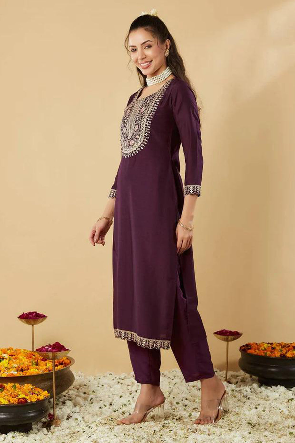 Women’s Wine Ethnic Kurta Set in Pure Viscose Chanderi Silk with Sequin & Coding Work