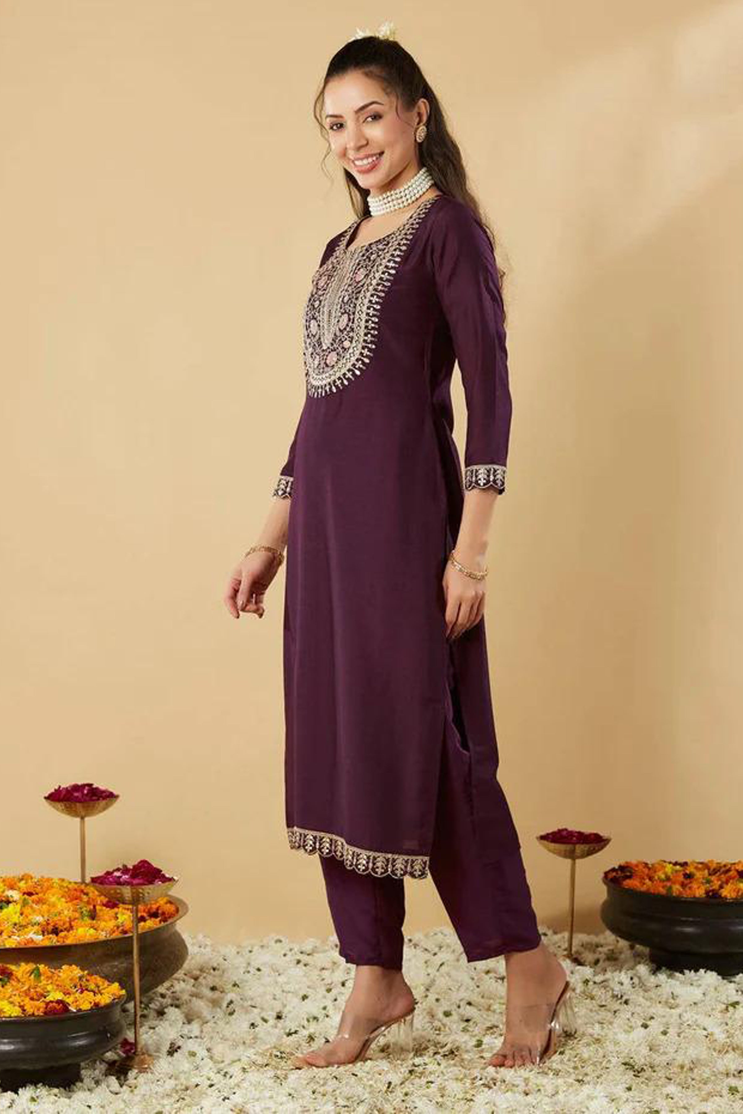 Women’s Wine Ethnic Kurta Set in Pure Viscose Chanderi Silk with Sequin & Coding Work