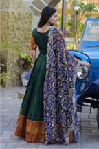 Women’s Green Silk Gown with Jacquard Weaving & Embroidery – Elegant Fusion Wear
