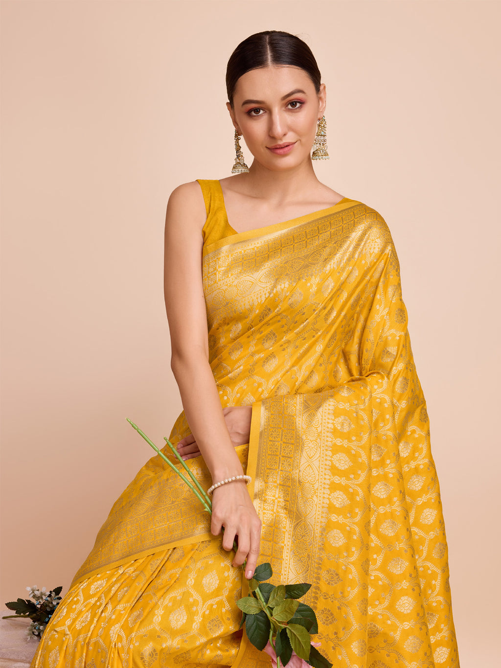 Rich Yellow Pure Silk Saree – Gold Zari Weaving with Soft Zari Border & Contrast Gold Accents