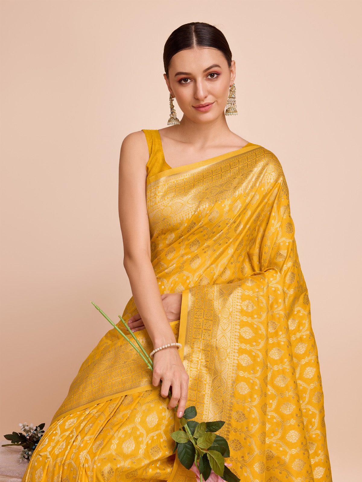 Rich Yellow Pure Silk Saree – Gold Zari Weaving with Soft Zari Border & Contrast Gold Accents