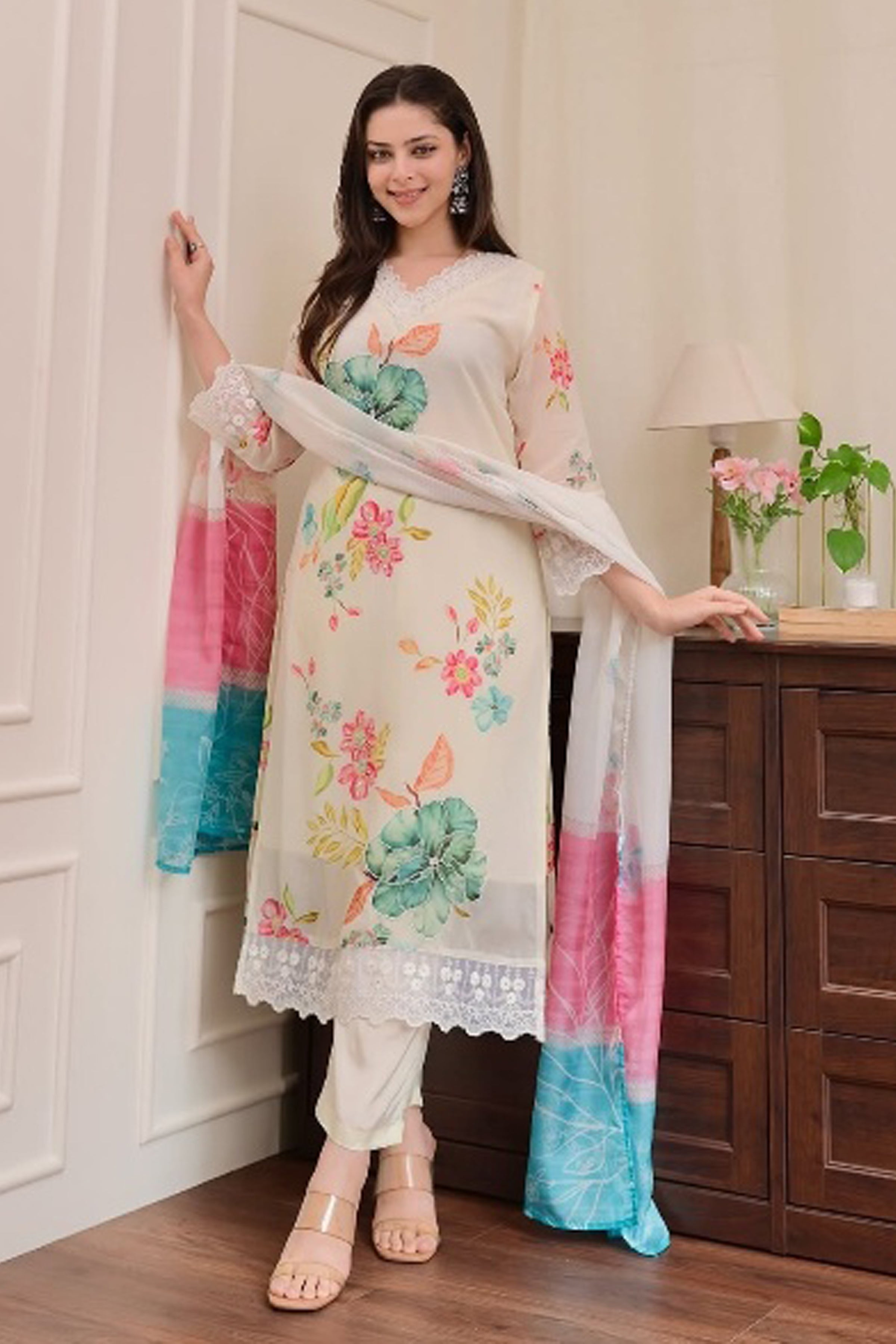 Women’s Beige Ethnic Nylon Tabby Set Adorned with Sequin Embroidery