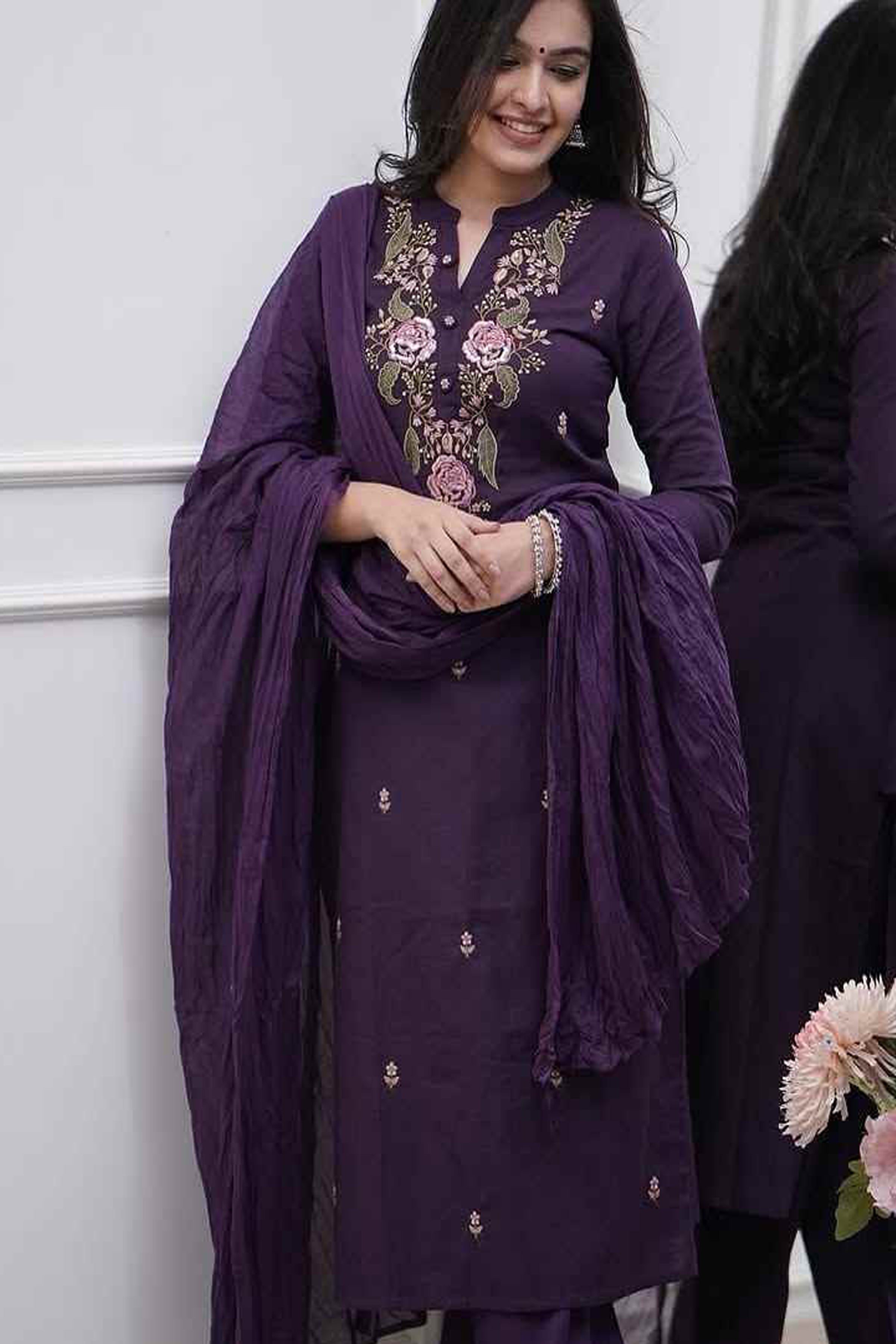 Women’s Purple Designer Rayon Slub Kurta Set Adorned with Sequin Embroidery