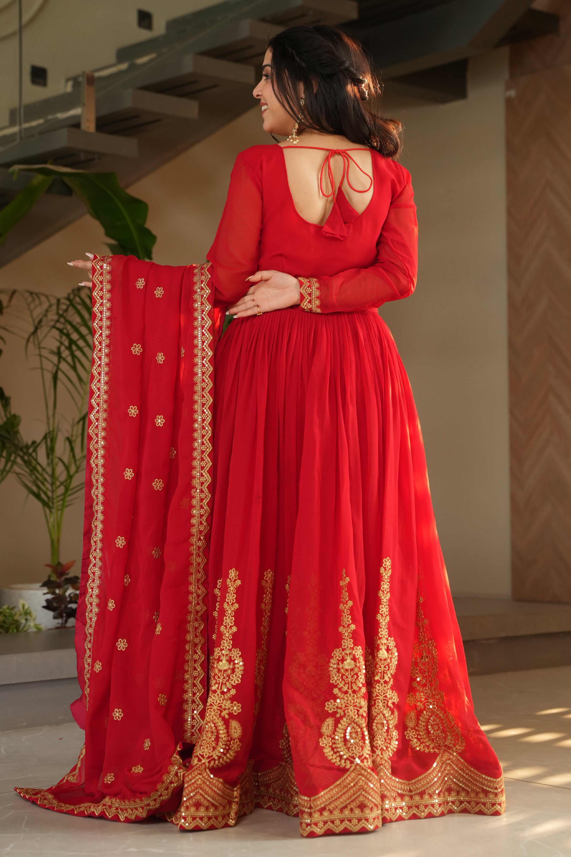 Designer Red Georgette Gown with Embroidery – Perfect for Weddings & Parties