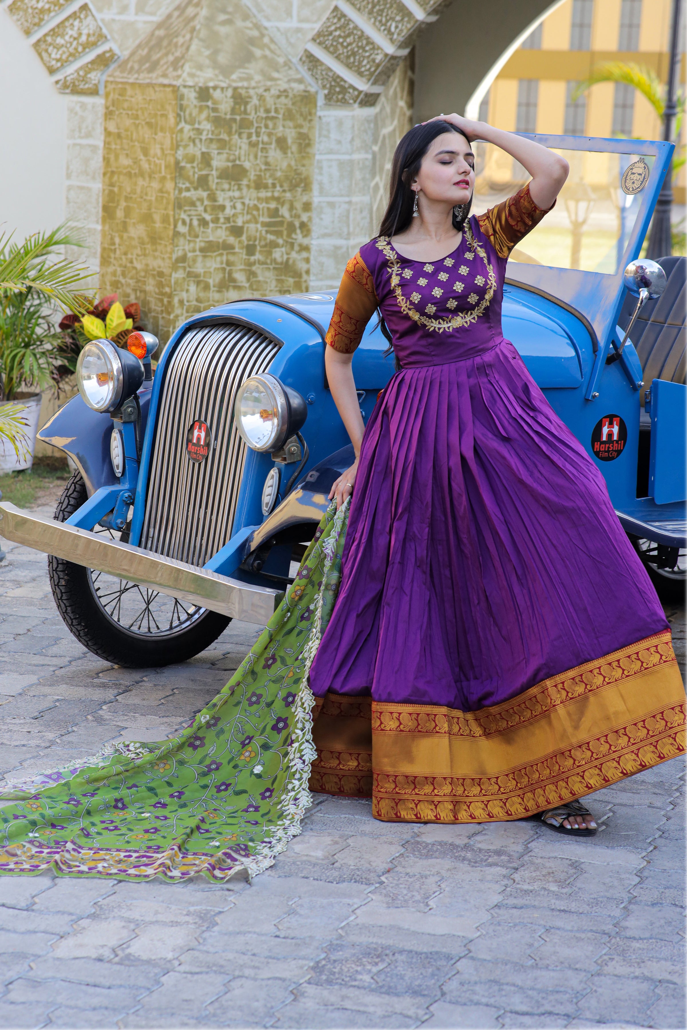 Women’s Purple Silk Gown with Jacquard Weaving & Embroidery – Elegant Fusion Wear