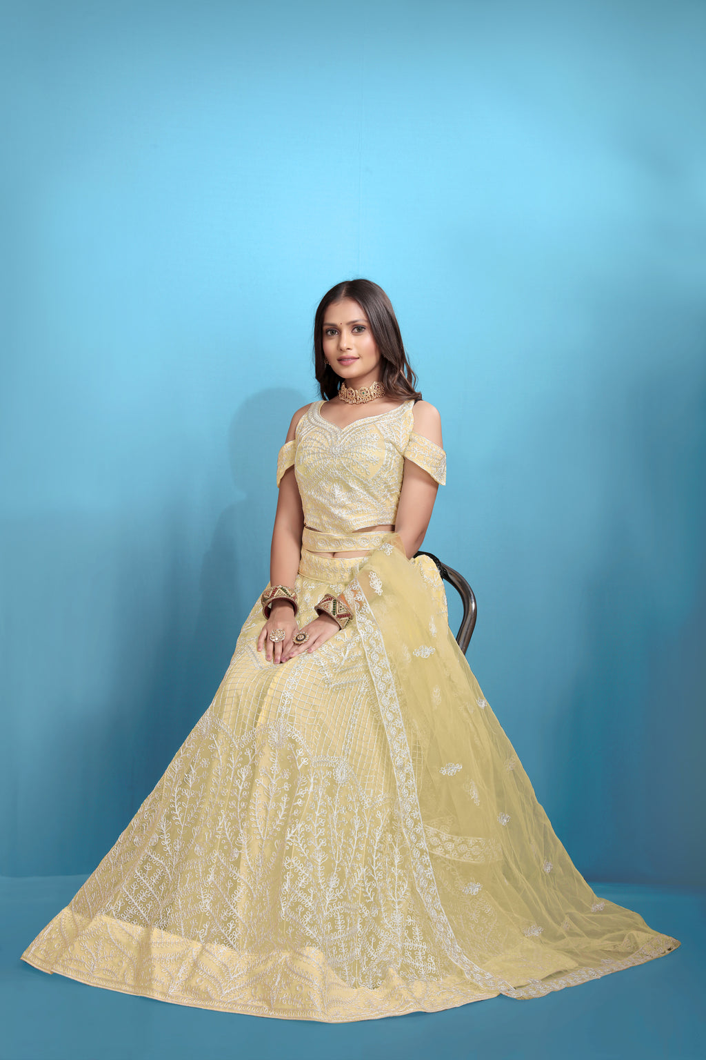 Yellow Women’s Net Embroidered Lehenga Choli Set – Elegant Ethnic Wear for Festive & Wedding Occasions