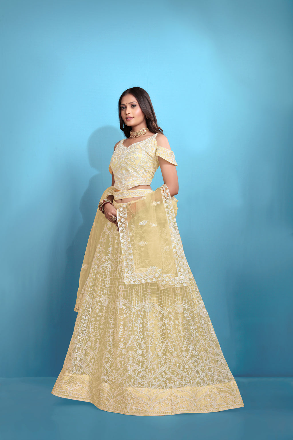 Yellow Women’s Net Embroidered Lehenga Choli Set – Elegant Ethnic Wear for Festive & Wedding Occasions