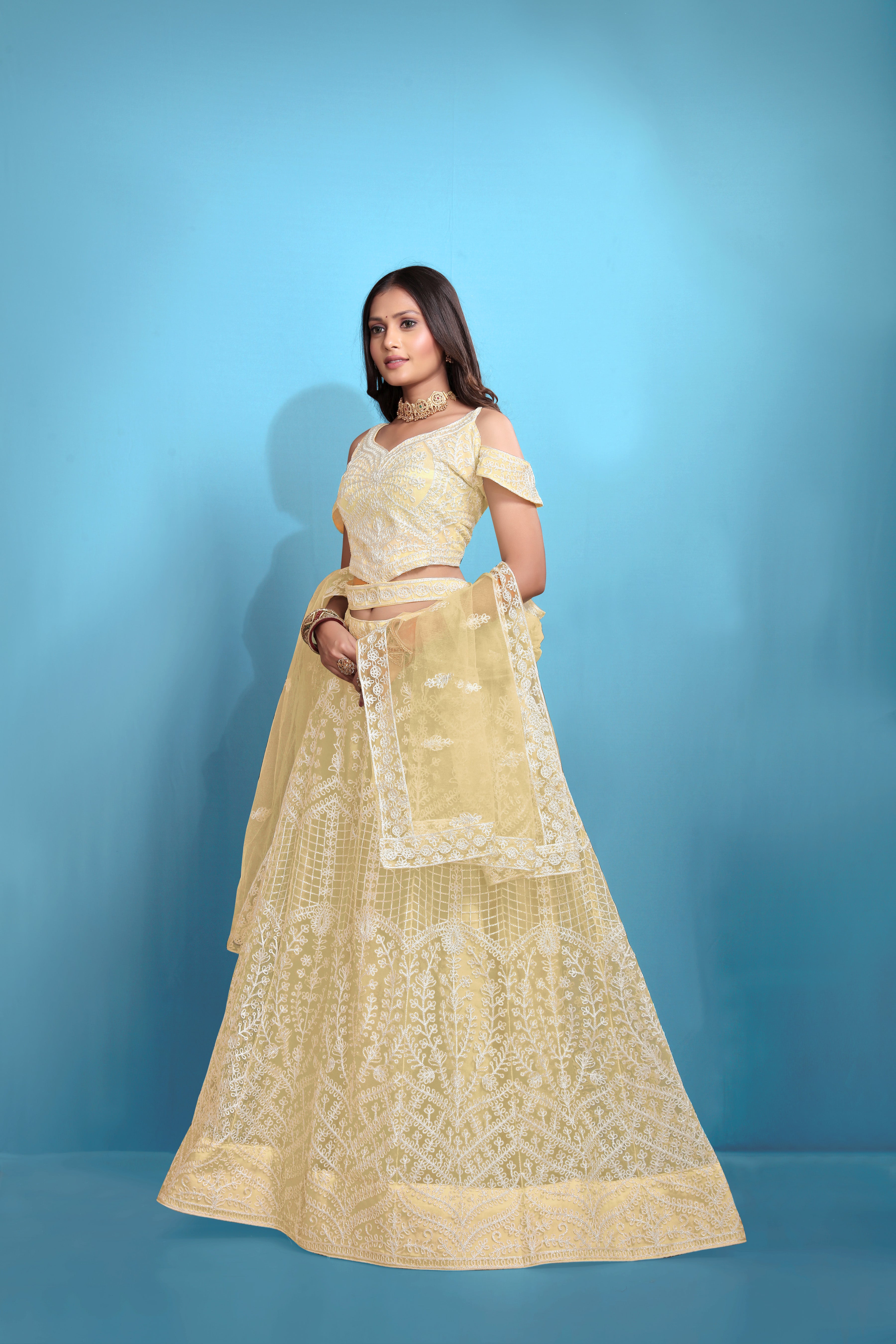 Yellow Women’s Net Embroidered Lehenga Choli Set – Elegant Ethnic Wear for Festive & Wedding Occasions