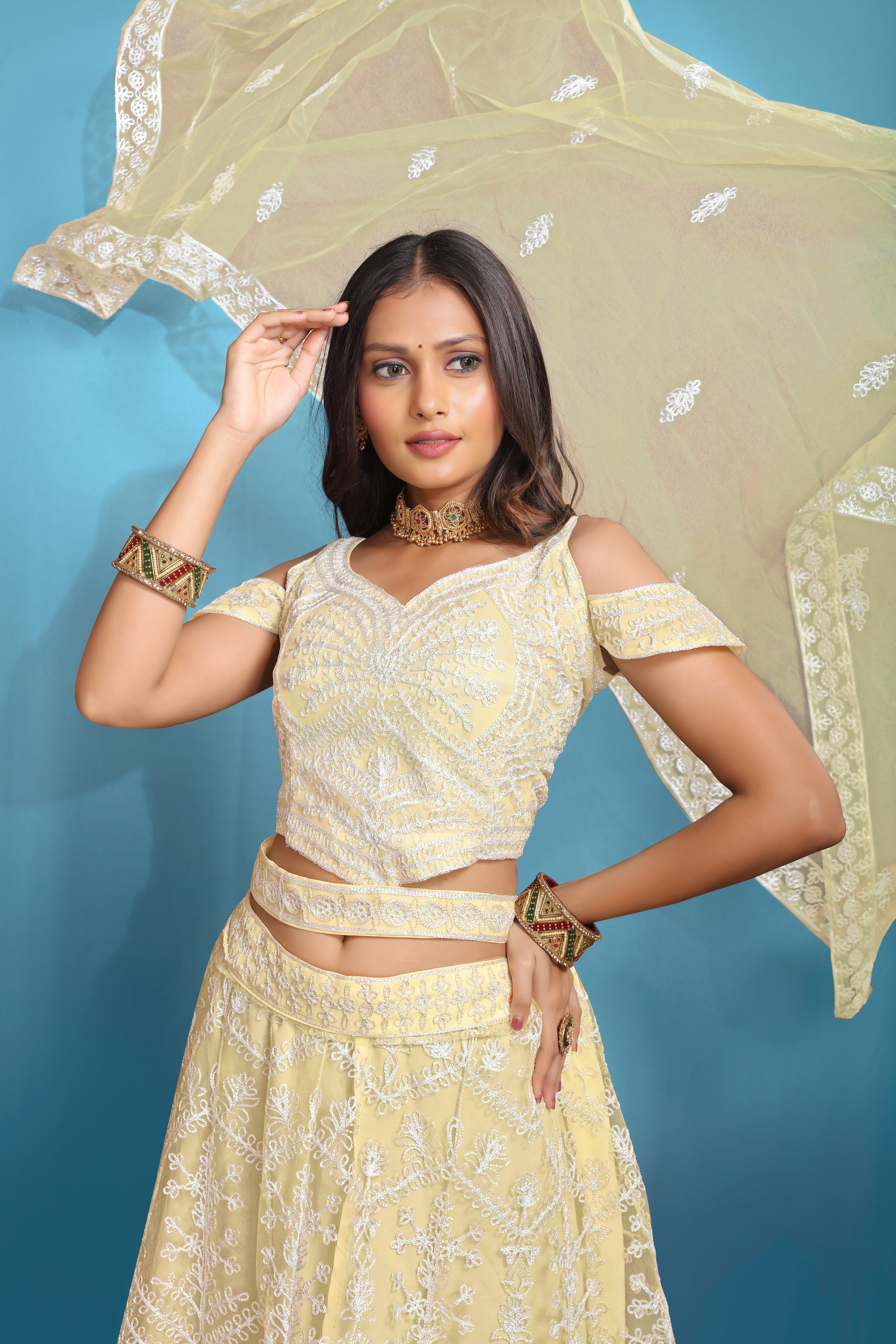 Yellow Women’s Net Embroidered Lehenga Choli Set – Elegant Ethnic Wear for Festive & Wedding Occasions