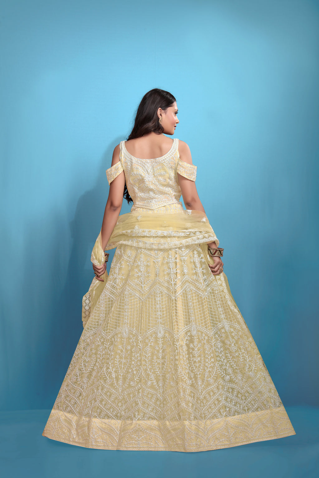 Yellow Women’s Net Embroidered Lehenga Choli Set – Elegant Ethnic Wear for Festive & Wedding Occasions