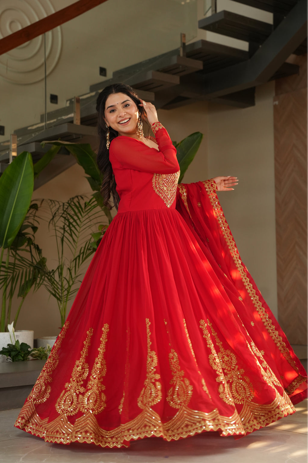 Designer Red Georgette Gown with Embroidery – Perfect for Weddings & Parties