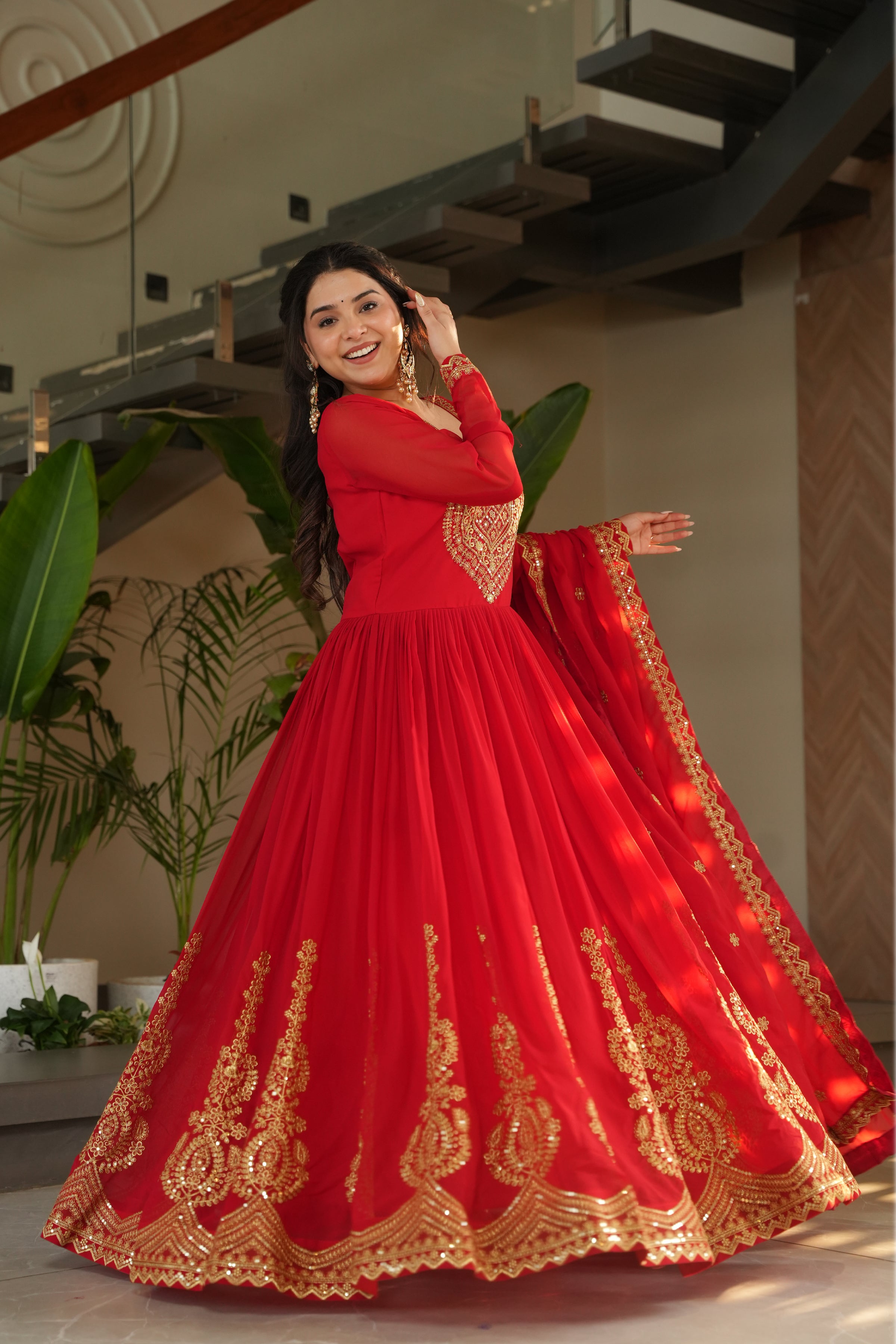 Designer Red Georgette Gown with Embroidery – Perfect for Weddings & Parties
