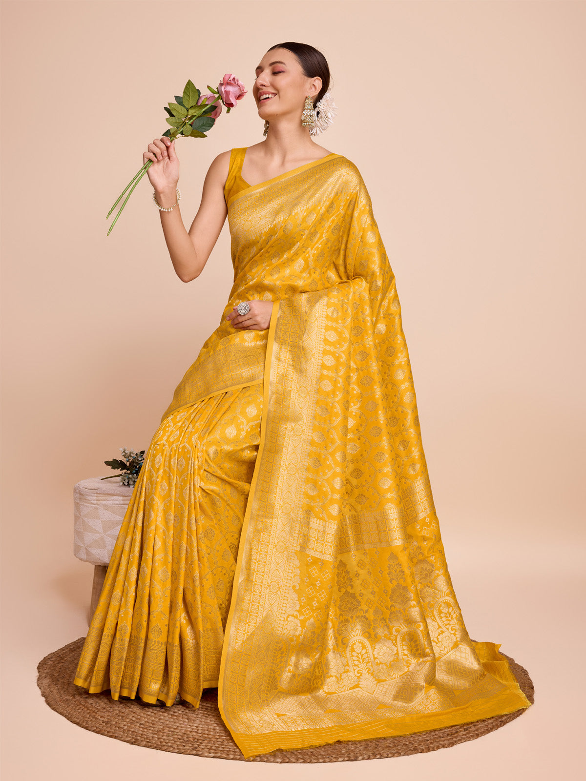 Rich Yellow Pure Silk Saree – Gold Zari Weaving with Soft Zari Border & Contrast Gold Accents