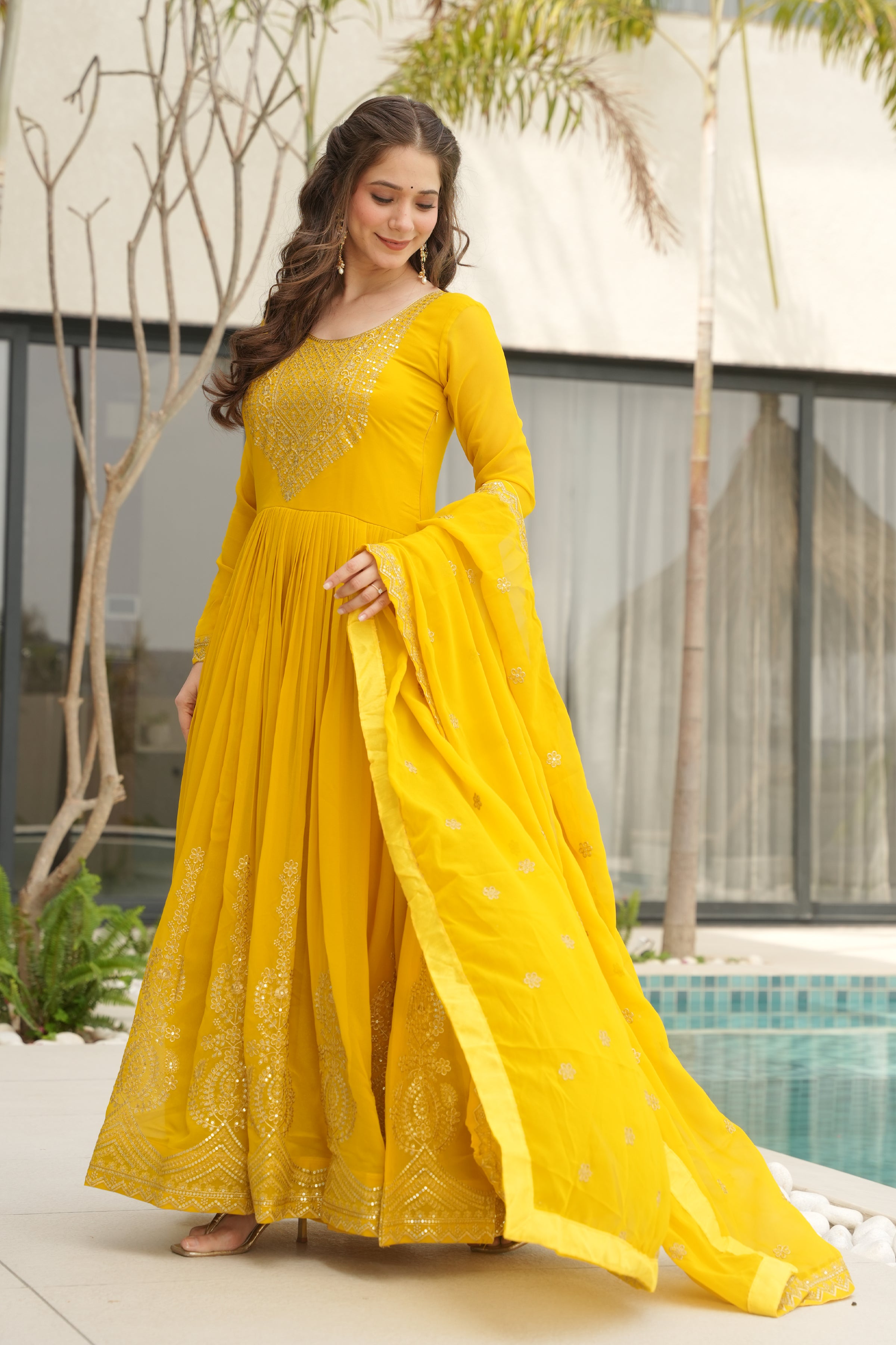 Designer Yellow Georgette Gown with Embroidery – Perfect for Weddings & Parties
