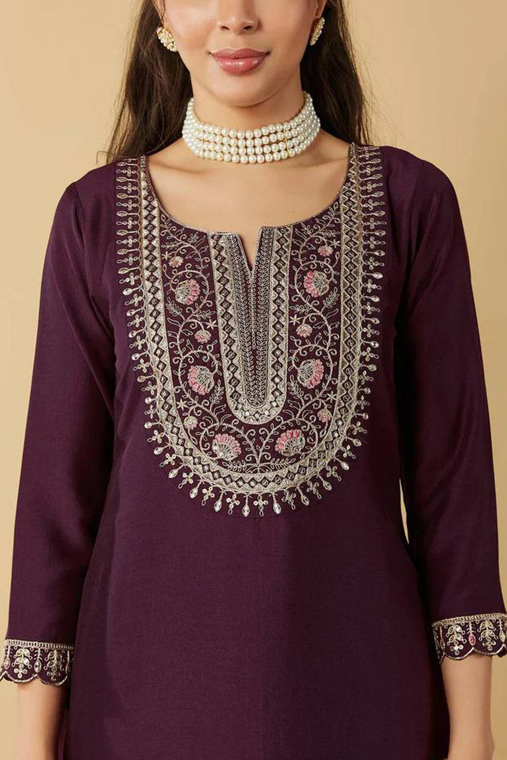 Women’s Wine Ethnic Kurta Set in Pure Viscose Chanderi Silk with Sequin & Coding Work