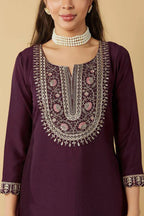 Women’s Wine Ethnic Kurta Set in Pure Viscose Chanderi Silk with Sequin & Coding Work