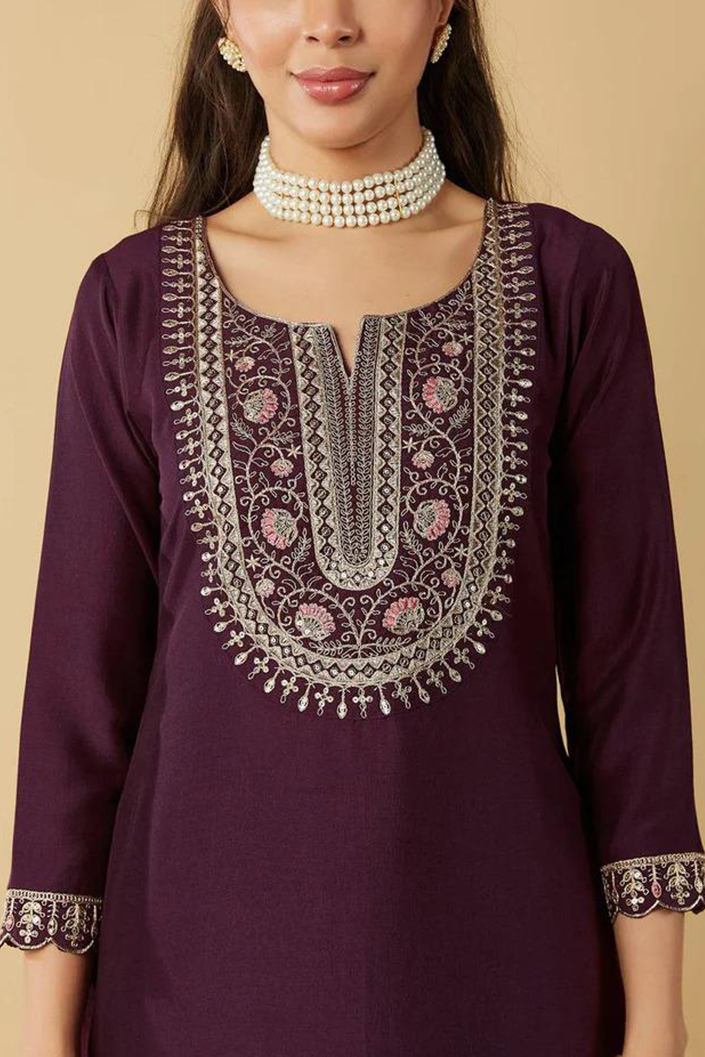 Women’s Wine Ethnic Kurta Set in Pure Viscose Chanderi Silk with Sequin & Coding Work
