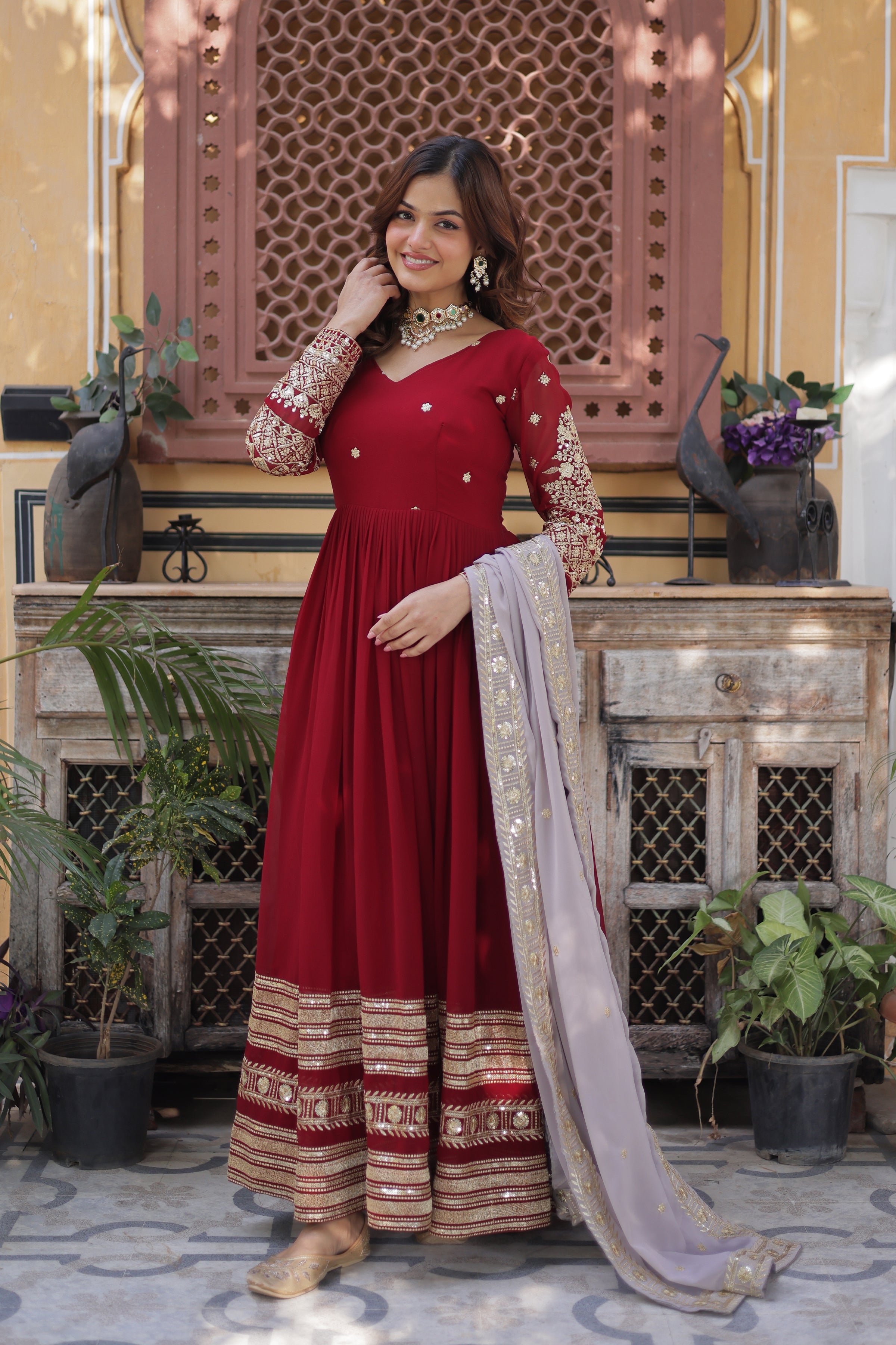 Women’s Red Georgette Gown – Elegant Designer Party Wear