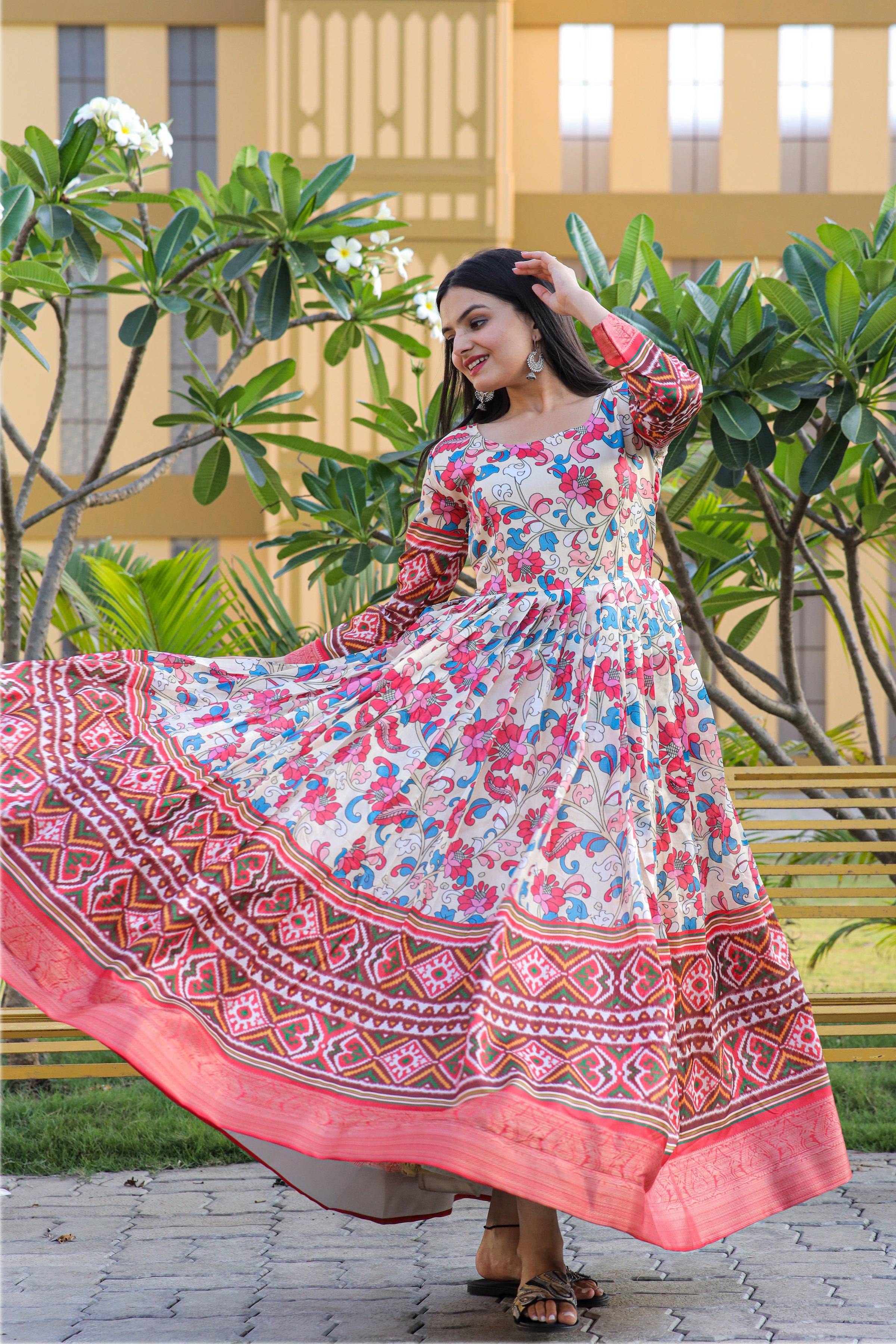 Women’s Kalamkari Silk Gown with Jacquard Weaving – Elegant Fusion Wear