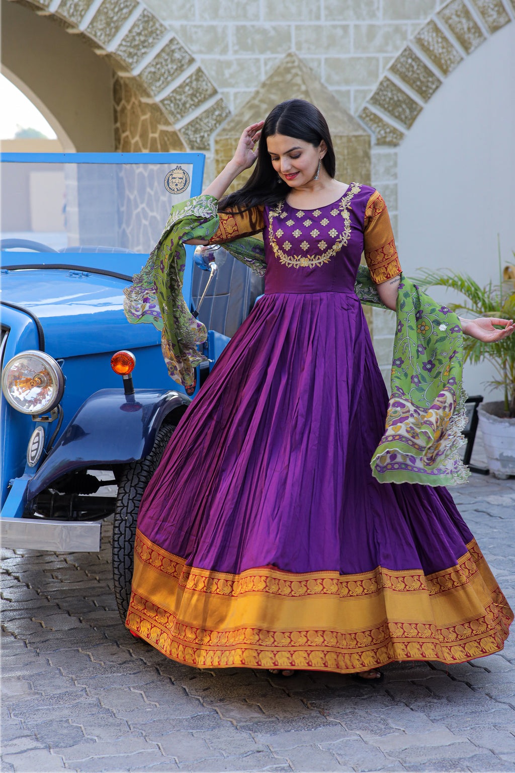 Women’s Purple Silk Gown with Jacquard Weaving & Embroidery – Elegant Fusion Wear