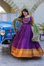 Women’s Purple Silk Gown with Jacquard Weaving & Embroidery – Elegant Fusion Wear