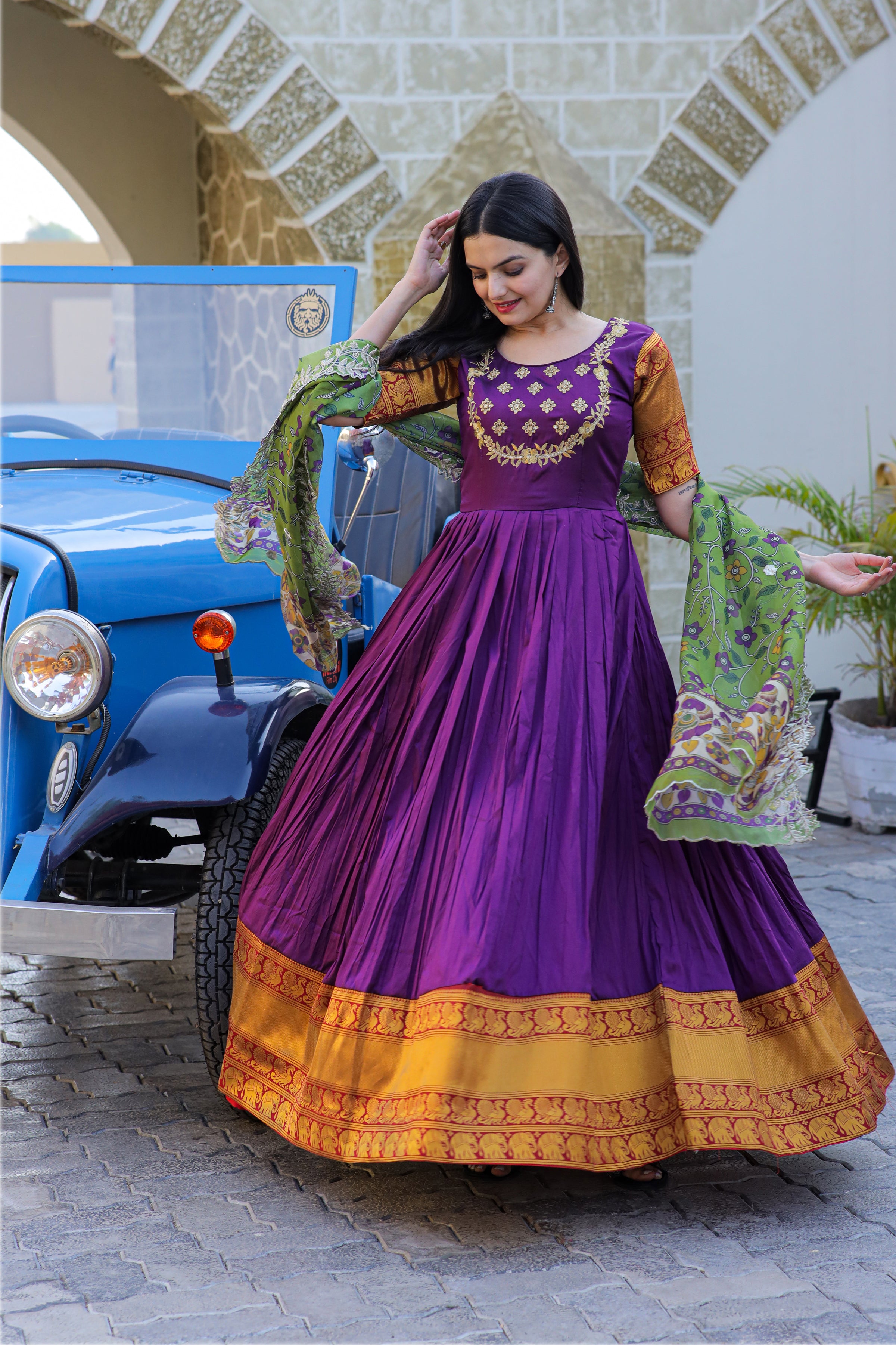 Women’s Purple Silk Gown with Jacquard Weaving & Embroidery – Elegant Fusion Wear